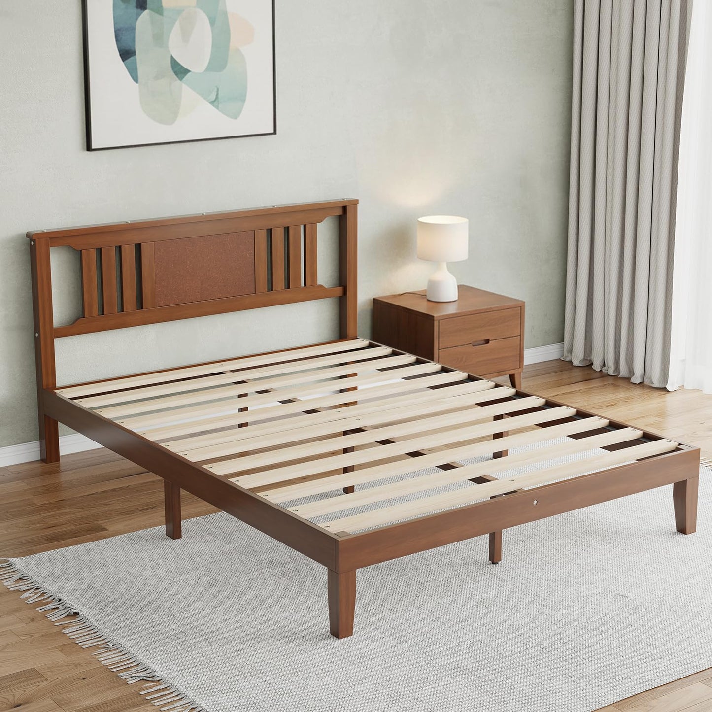OLIXIS Queen Bed Frame with Headboard, Suitable for Bedroom Furniture, Sturdy Solid Wood Slat Support, Up to 800 lbs, No Box Spring Needed, Easy Assembly, Platform Beds