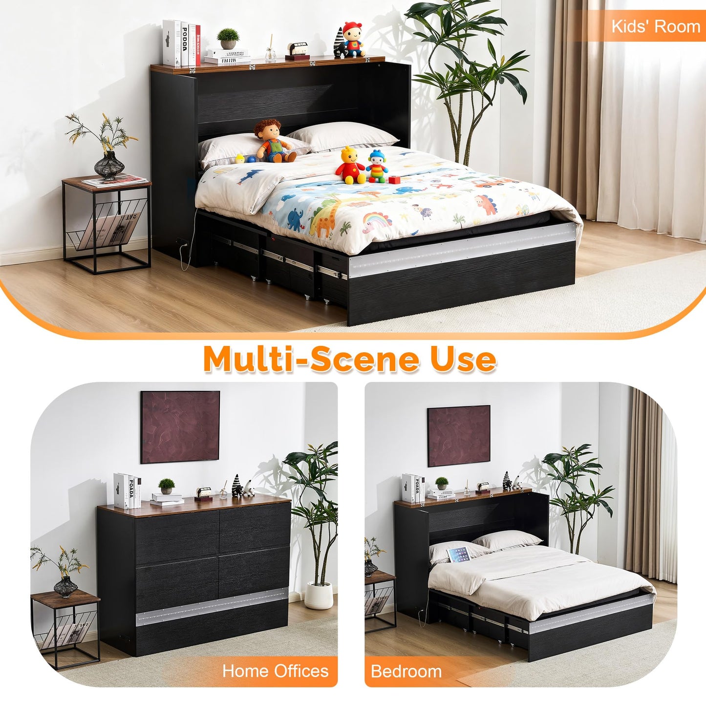VINGLI Queen Size Murphy Bed with Storage Drawer,Smart LED Lighting,Built-in 2 Charging Stations, Space-Saving Cabinet Bedfor Kids,Adults & Guests,Classic Black