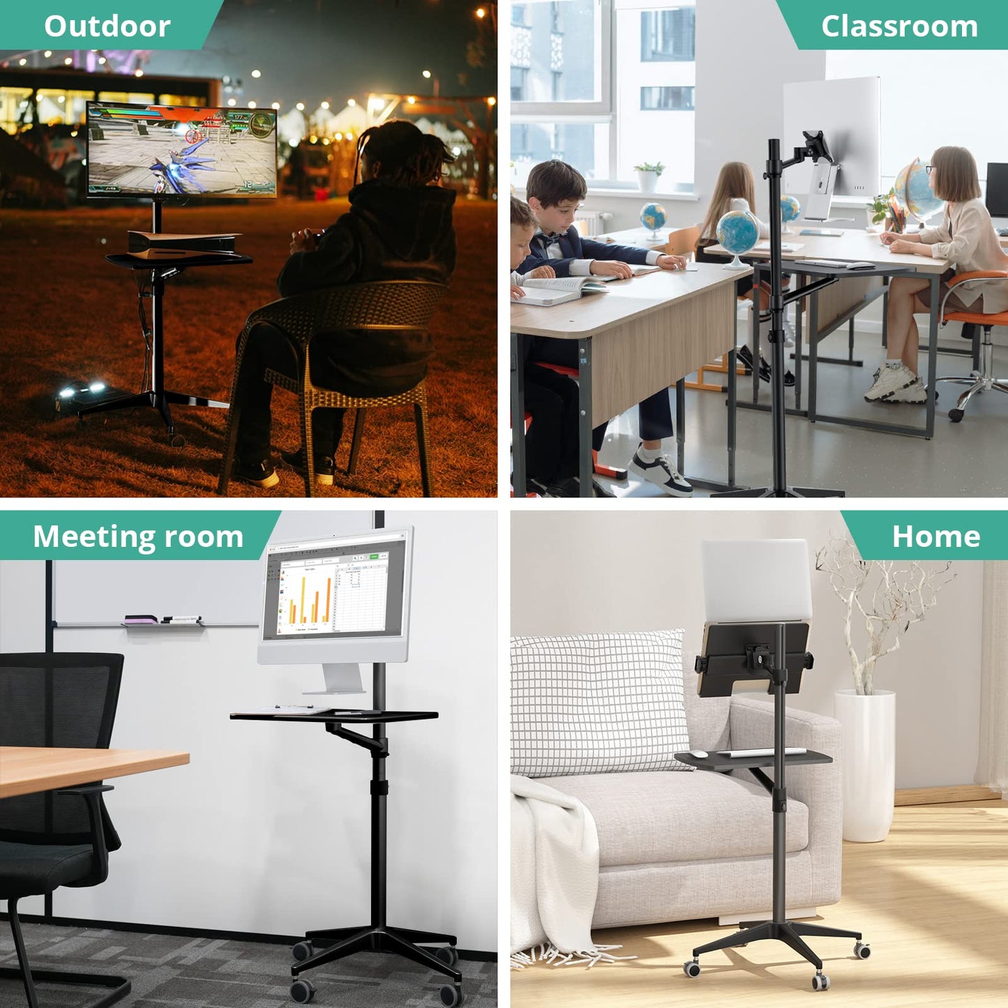 Viozon Mobile Desk,Mobile Workstation,Mulitiuse Rolling Laptop Floor Stand,34"-48.6" Height Adjustable,Compatible with 17"-27" Monitor&12"-17" Laptop,21"×14" Desk,Maxload 17.6lbs,4 Lockable Wheels B