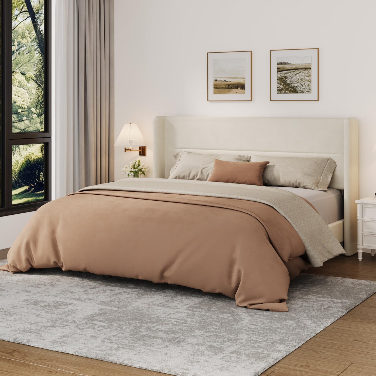 IDEALHOUSE King Size Bed Frame with Tufted Wingback Headboard, Velvet Upholstered Platform Bed with Strong Wood Slats, No Box Spring Needed, Easy Assembly, Beige