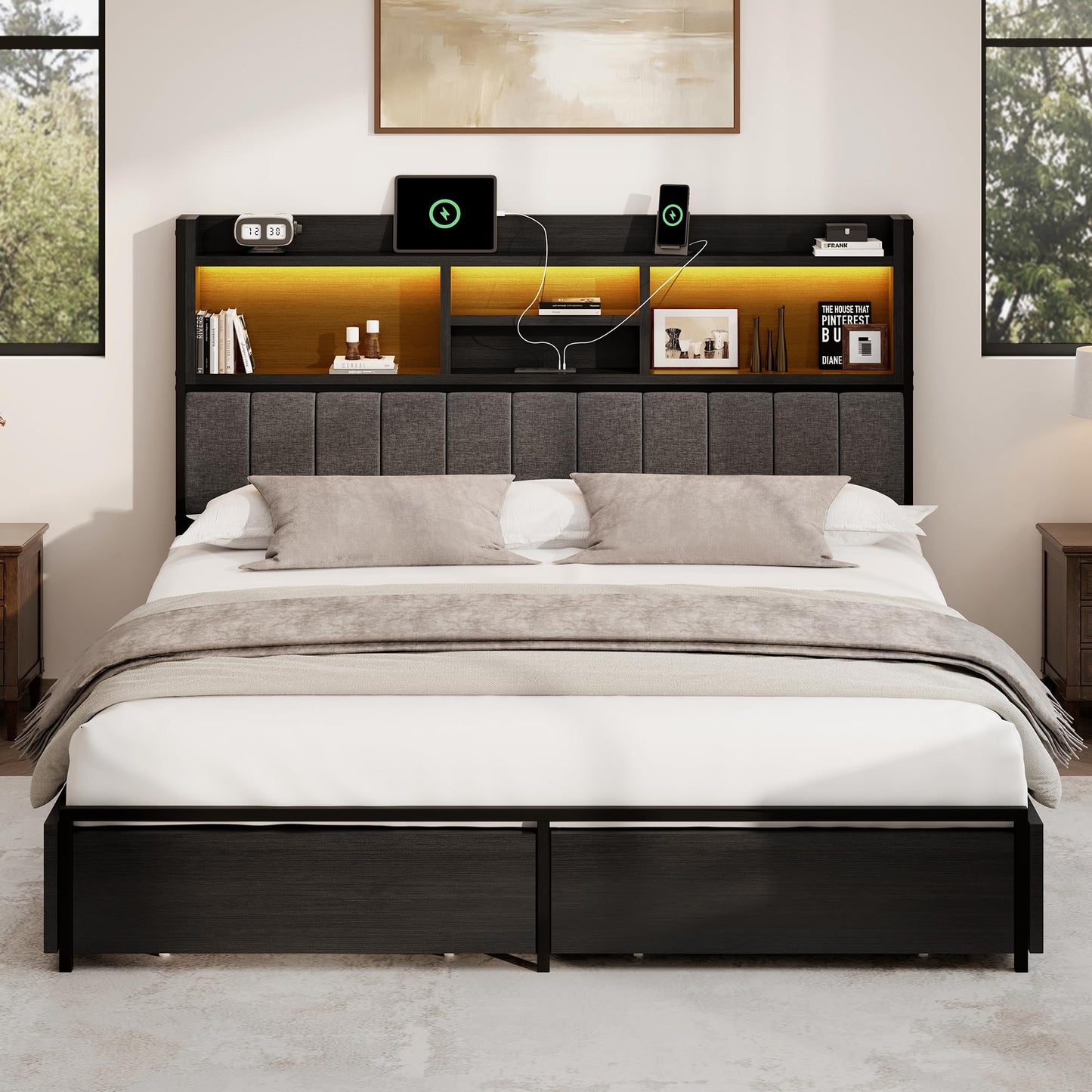 BRELTAM King Bed Frame with 6 Storage Drawers, Linen Upholstered Headboard, Built-in USB Charging Station & LED Lighting, Silent Metal Support, No Box Spring Needed, Vintage Black