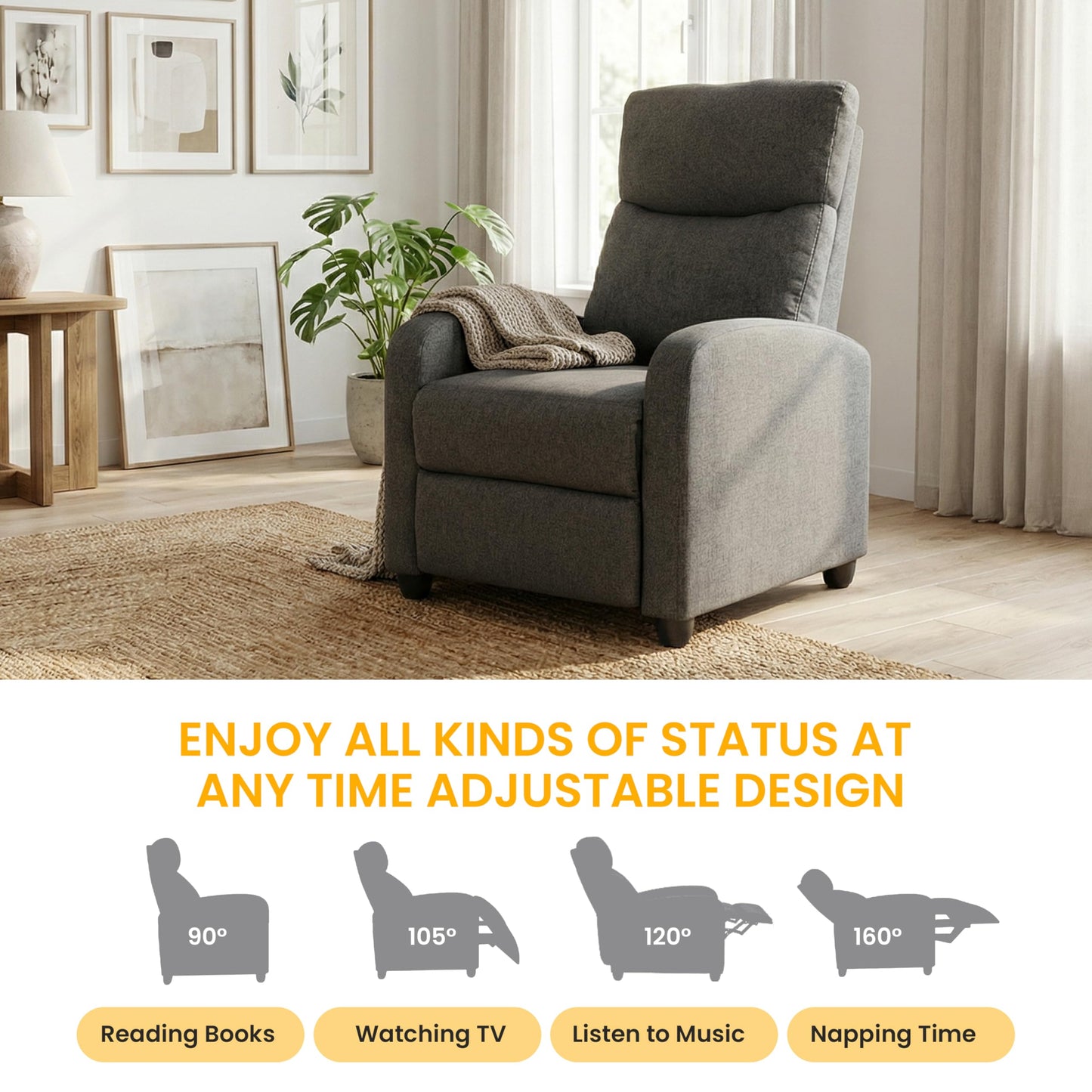 HealSmart Adjustable Push Back Massage Recliner Chair, Soft Fabric Lounge Sofa for Reading & Relaxing, Perfect Home Theater Chair for Living Room & Bedroom, Grey