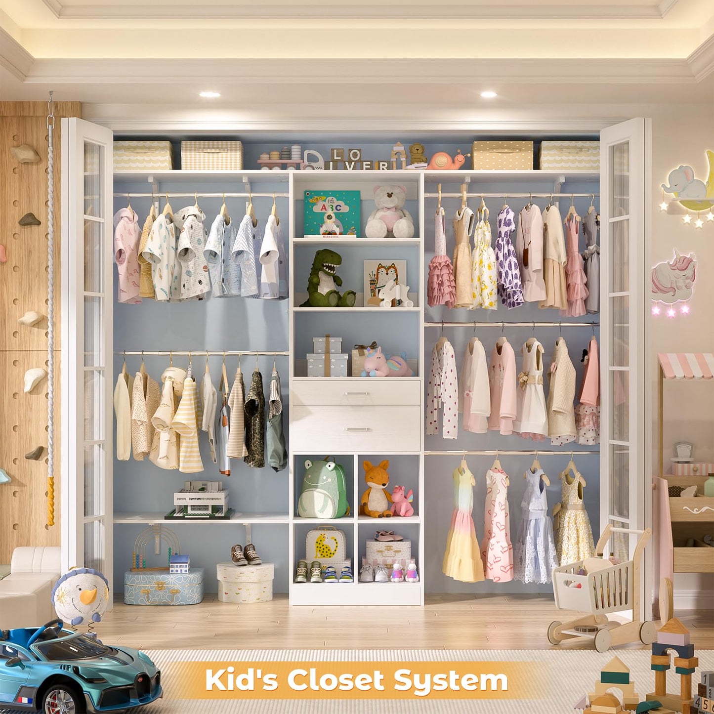 Besiost Closet System - 5-8FT Closet Organizer System with Wooden Drawers & Cube Storage Organizer, Up To 96" Closet Systems for Nursery & Walk-In Closets with Cuttable Hanging Shelving, White