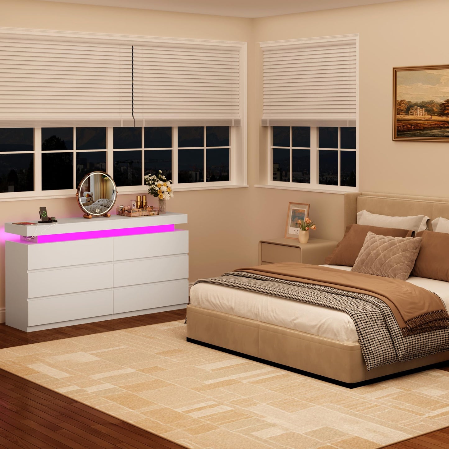 6 Drawer Dresser for Bedroom, White Dresser with LED Lights, Sliding Desktop and Power Outlet, Modern Wood Chest of Drawers for Closet, Organizer Cabinet for Bedroom, Living Room, Entryway, Hallway