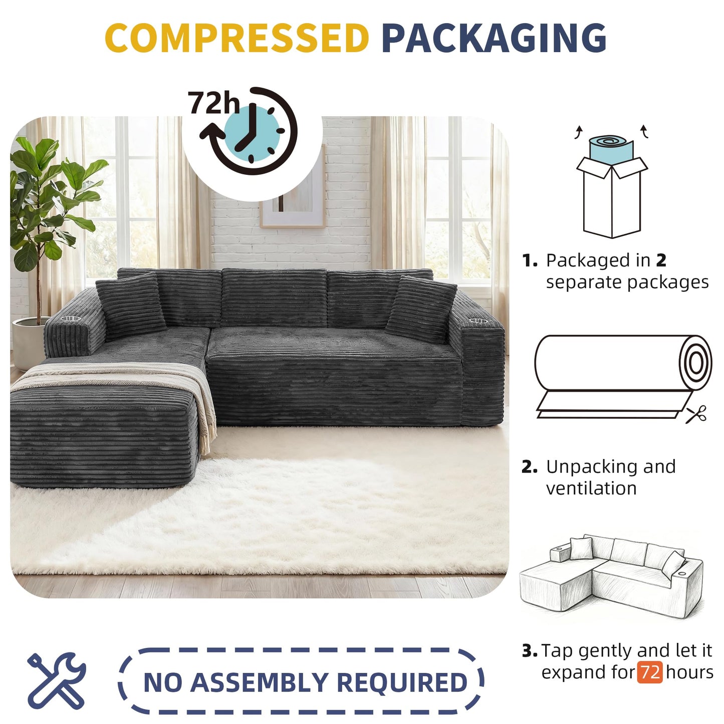 Shintenchi Boneless Couches for Living Room with 2 Cup Holders,L Shaped Modular Sectional Sofa Set,No Assembly Needed Plush Corduroy Living Room Set,Dark Gray
