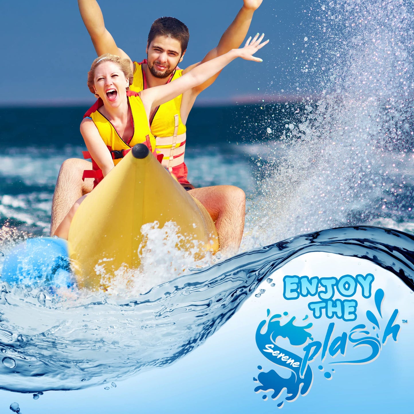 Jovial 2 Person Inflatable Banana Boat, Includes Storage Bag, Foot Pump, and Repair Kit, Tough and Thick, Reinforced Seats and Foot Areas, 340 Lbs Weight Capacity, Easy Inflation and Deflation