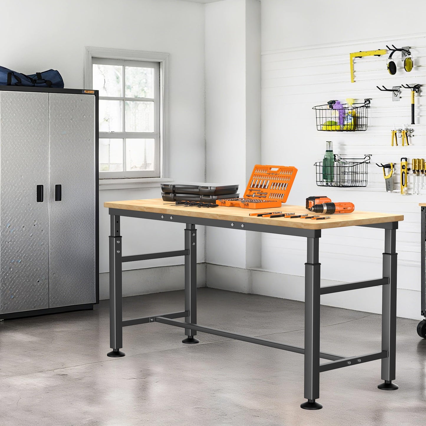 Ultrawall Workbench for Garage, Adjustable Height Work Table, Heavy Duty Rubber Wood Workstation for Workshop, Office, Home (60 x 23.5 inch)