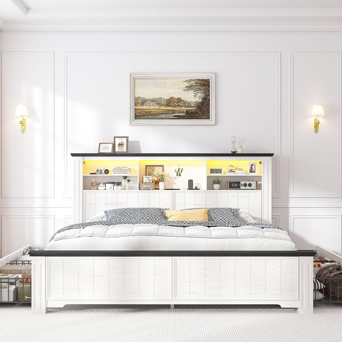 EnHomee Queen Bed Frame with Headboard, and 4 Storage Drawers, LED Lights & Charging Ports,No Box Spring Needed for Apartment,Noise-Free,Wooden, White