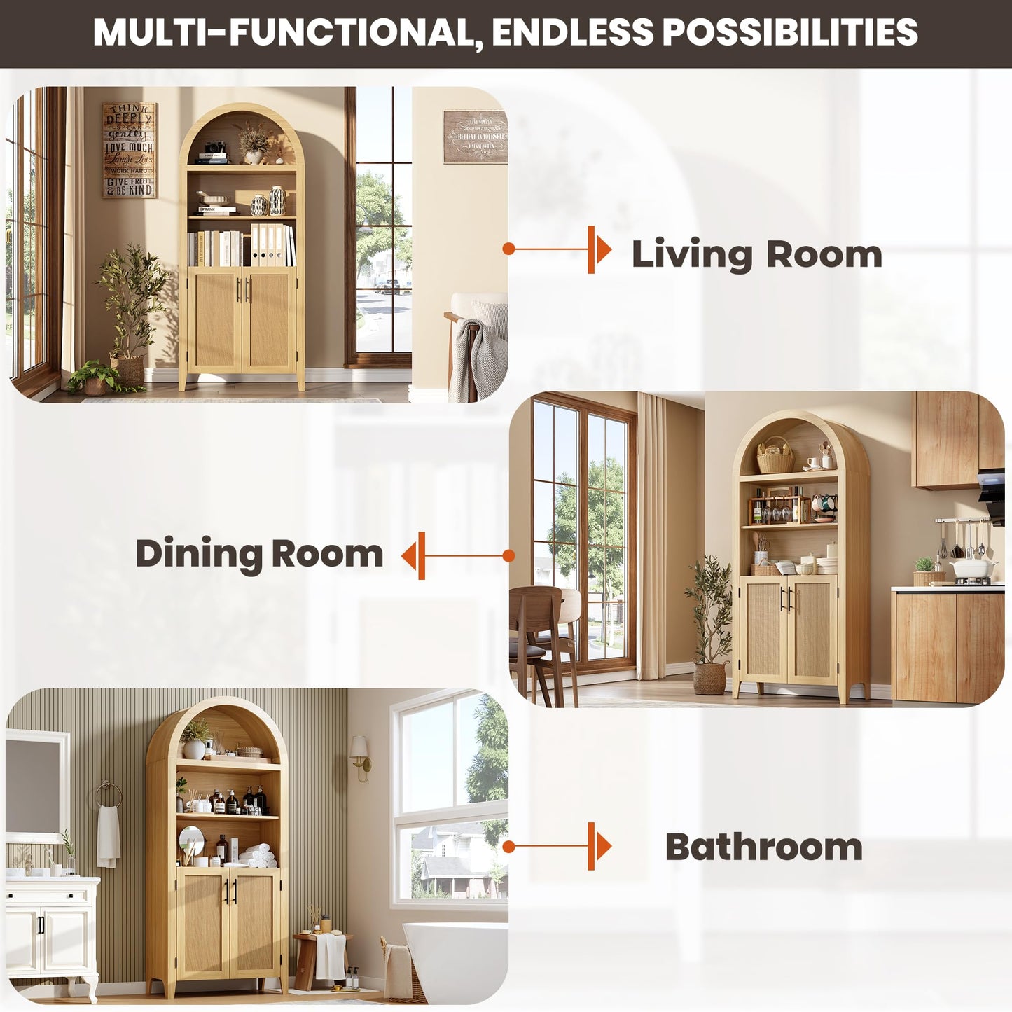 IDEALHOUSE Arched Kitchen Pantry Cabinet with Doors - 5-Tier Open Display Shelf with Rattan Decor, Farmhouse Storage Cabinet for Kitchen, Dining Room, Living Room, Natural
