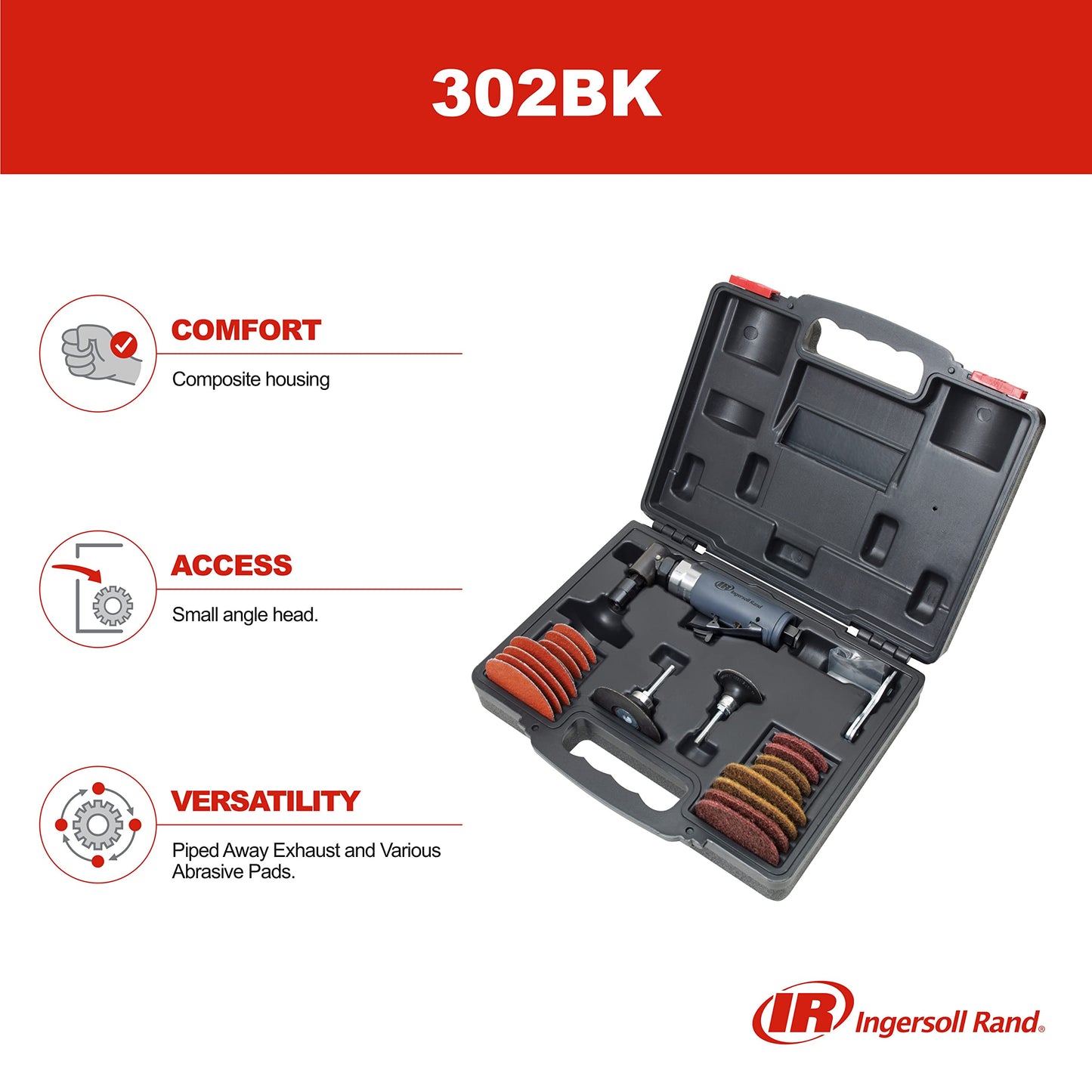 Ingersoll Rand 302BK 1/4" Collet Air Die Grinder Kit with Max Free Speed Up to 20,000 RPM, Includes Backing Pads, Polishing Discs, and Blow-Molded Case
