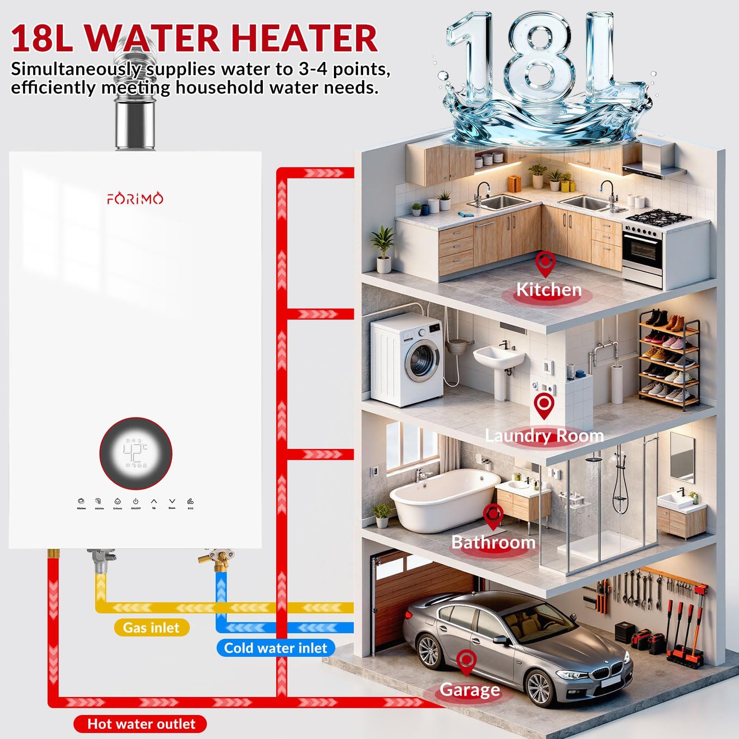 Tankless Water Heater Natural Gas, 4.74 GPM 18L Indoor Instant Hot Water Heater with Digital Fahrenheit Display Multi-Protection Constant Temperature for Home & Apartment