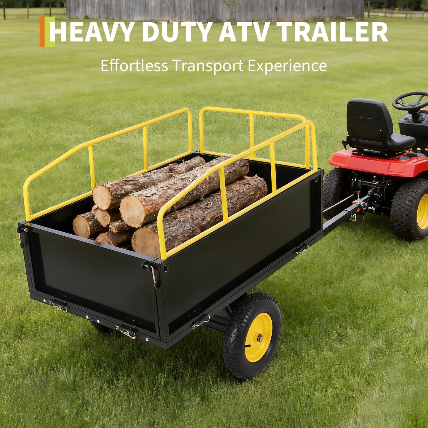 Lawn Mower Trailer ATV Dump Cart Tow Behind, 600 Lb Capacity, 17 Cu.ft, Heavy Duty Steel Garden Utility Trailer with All Terrain Tires & Removable Sides for Yard Lawn