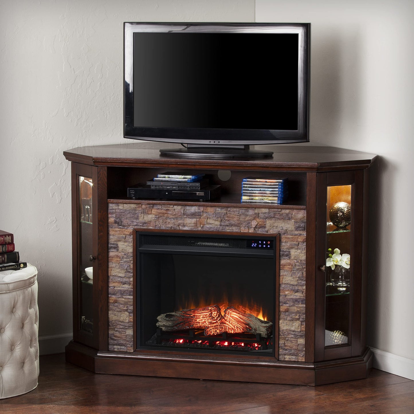 SEI Furniture - Redden Corner-Convertible Electric Fireplace with Touch Screen - Espresso - Transitional Design, Brown Glass and Wood - Ideal for Living Room, Bedroom (FR9392)