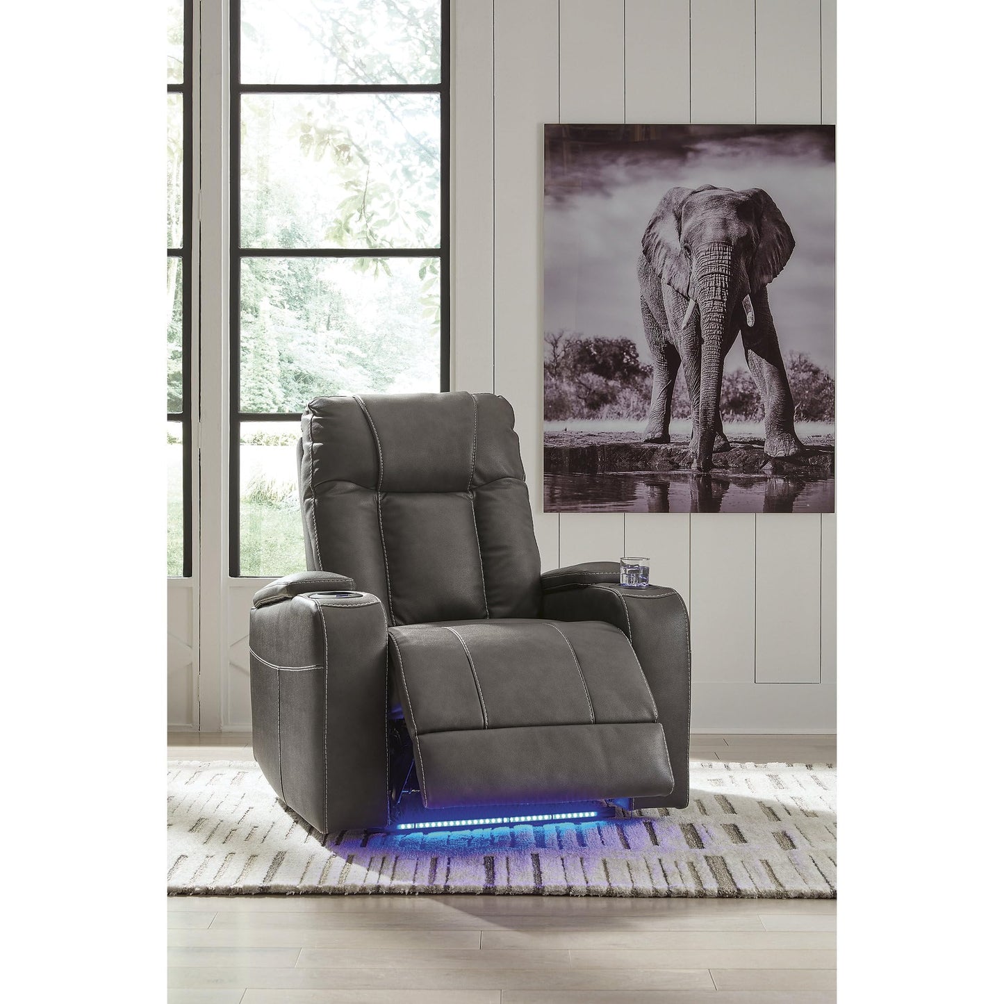 Signature Design by Ashley Feazada Recliner, Power Reclining with Adjustable Headrest, LED Cup Holders, Flip‑Top Storage Armrests and Faux Leather Upholstery for Home Theater Comfort