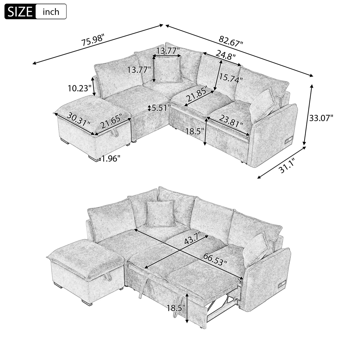 ERYE 82.5-Inch Left Facing Corner Sleeper Sectional Sofa Bed for Living Room Office,L-Shaped Chenille Upholstered Convertible Pull Out Sleeper Couch Bed W/Storage Ottoman
