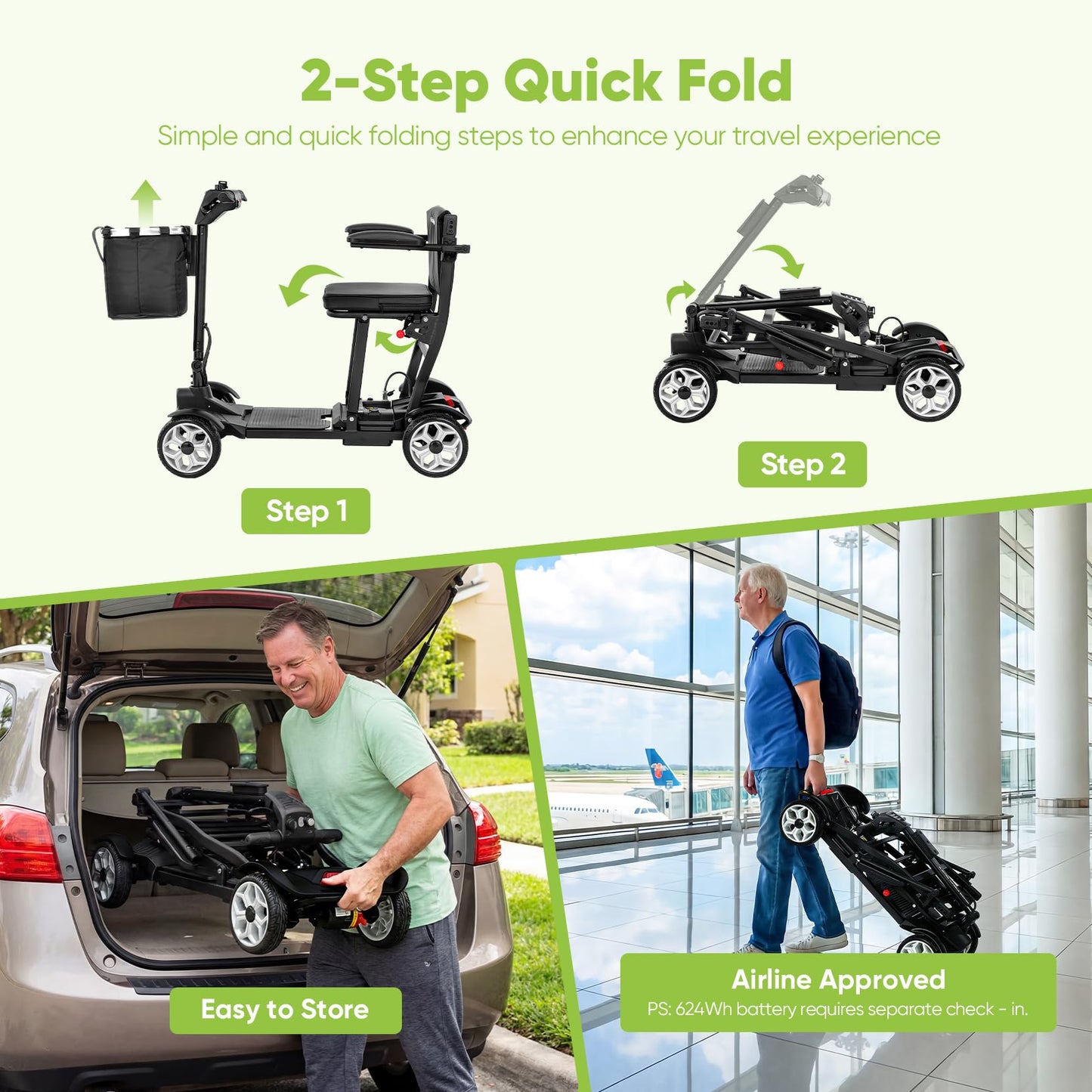 (2026 Upgrade) Lightweight Mobility Scooter for Seniors & Adults, Folding Mobility Scooters, 24.8 Miles Travel Foldable 4 Wheeler, Removable Lithium Battery, 300lb Capacity