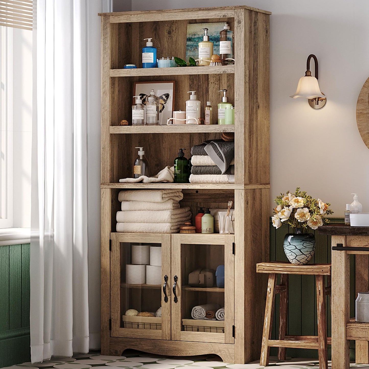LINSY Bookshelf with Doors, 6 Shelf Bookcase Tall Bookshelves, 73" Farmhouse Book Shelf with Storage Cabinet, Wood Book Shelves for Living Room, Bedroom, Office, Rustic Brown