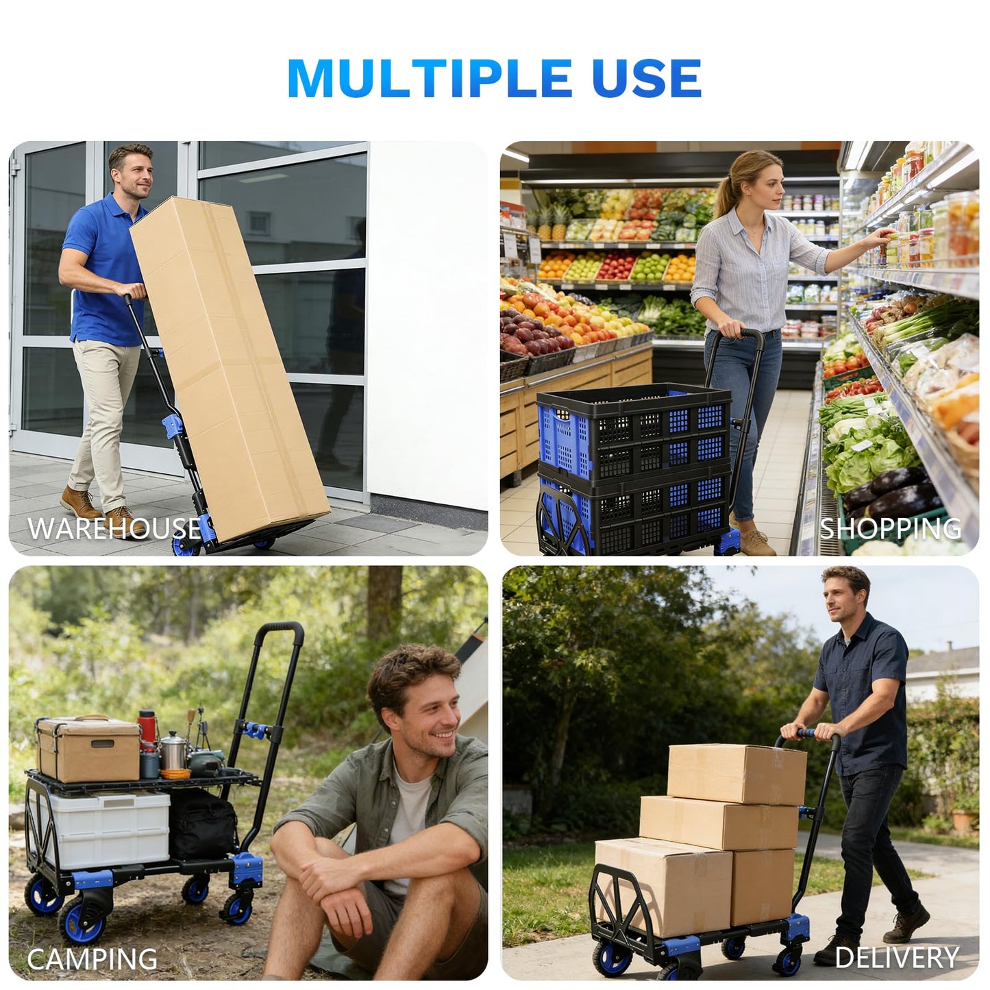 2 in 1 Folding Hand Truck with 2 Folding Basket,330lbs Capacity Heavy Duty Hand Truck,with Telescoping Handle and Rubber Wheels,Portable Dolly Cart with Bungee Cords for Moving,Travel,Shopping