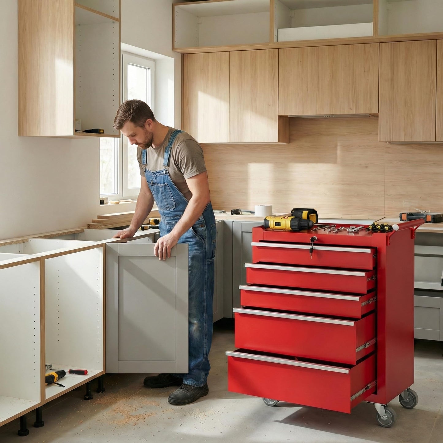 IDEALHOUSE Rolling Tool Chest, 5 Drawers Tool Storage Cabinet, Toolbox with Wheels, Portable Tool Cabinet Organizer with Locking System & Drawer Liners, Tool Storage Cart for Garage, Workshop, Red