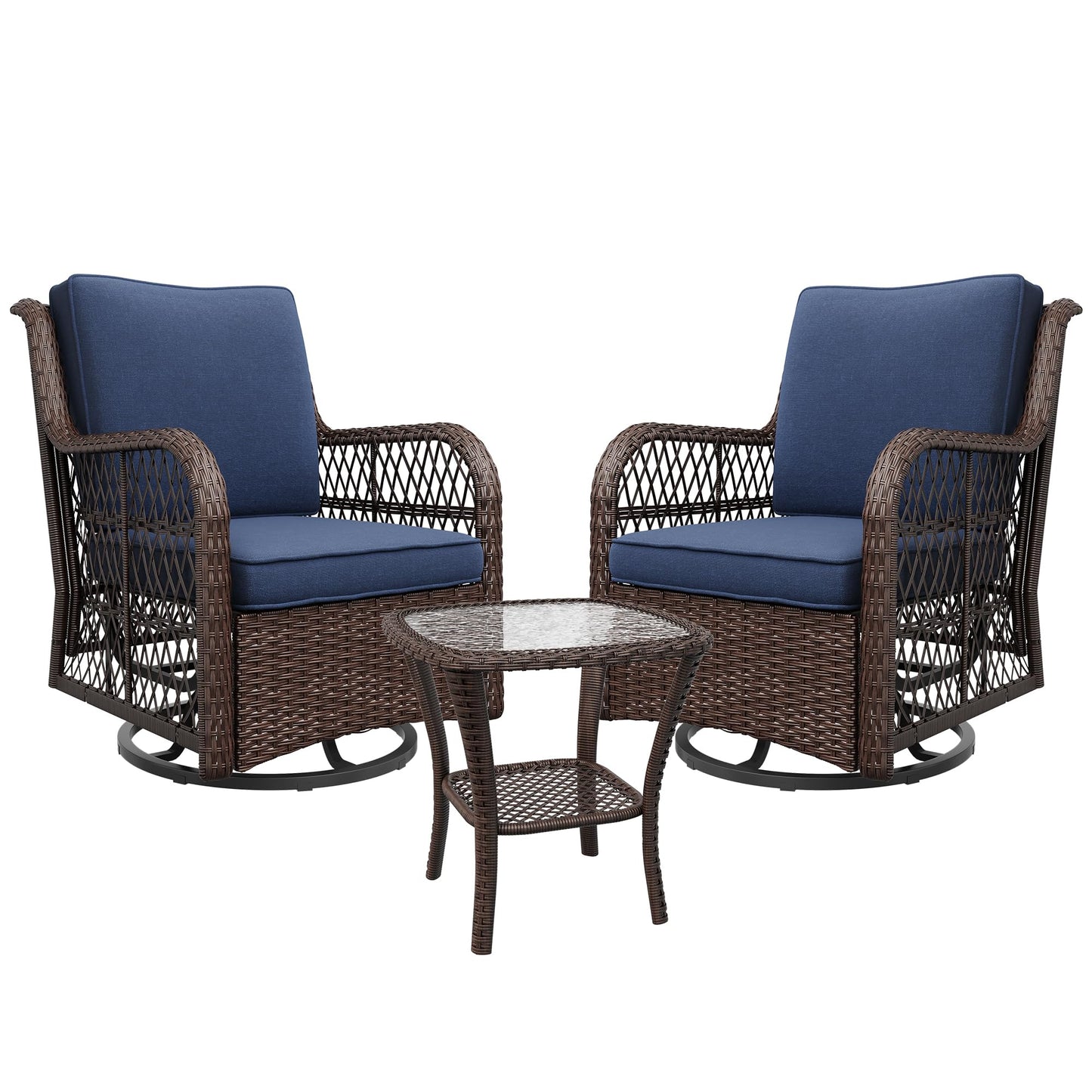 Garvee 3 Piece Outdoor Patio Furniture Set, Swivel Rocker Chairs Wicker Bistro Set with 360° Glider, 4”Thick Cushions & 2-Tier Table, Outdoor Conversation Set for Porch Balcony Backyard Deck Blue