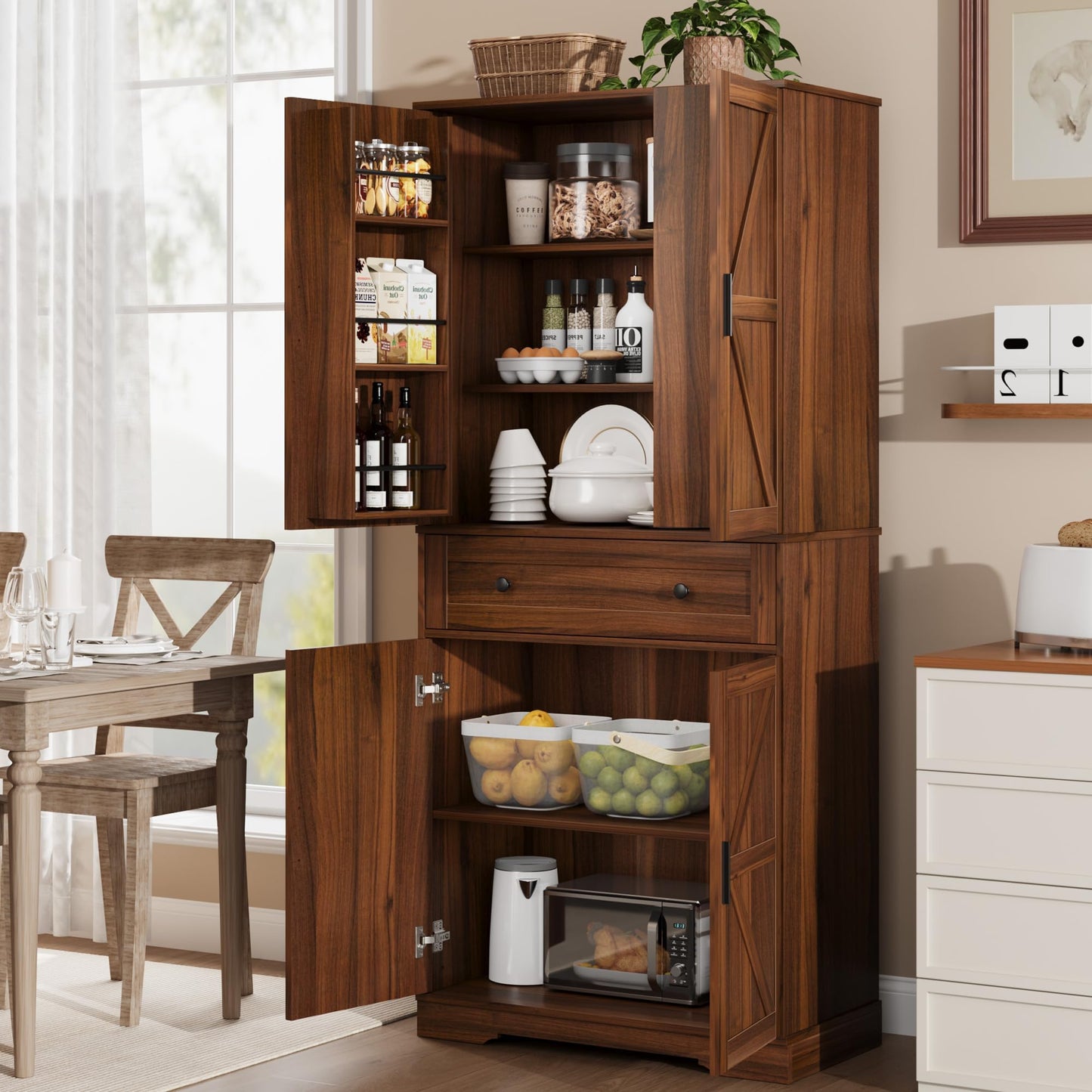 Garvee 71" Kitchen Pantry Cabinet, Barn Door Freestanding Cupboard with Drawer, Sliding Storage Rack, and 6 Hanging Shelves for Kitchen, Dining Room, Living Room Bedroom