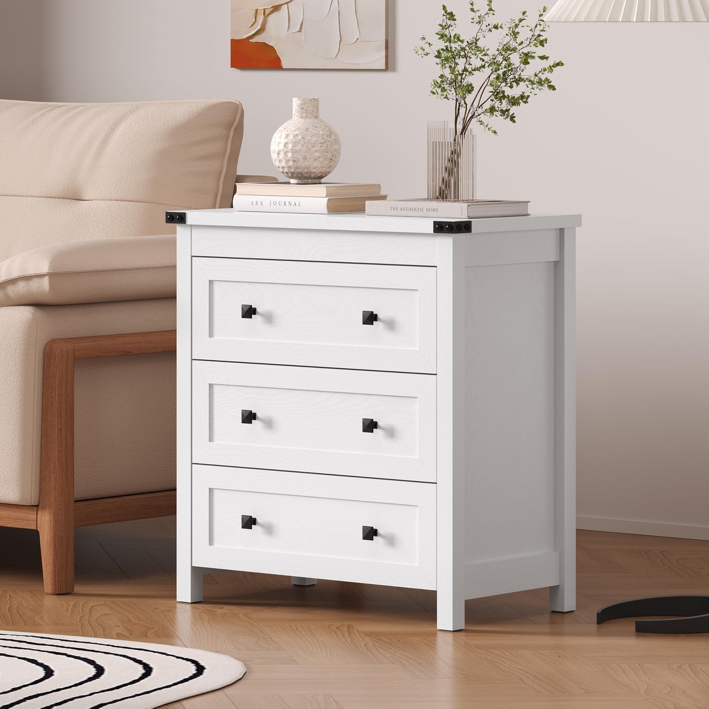 BORNOON 3-Drawer Night Stand Set of 2, Modern Bedside Table Dresser with Metal Handles, Sturdy Wooden End Side Table Storage Cabinet with Anti-Tipping Design for Bedroom