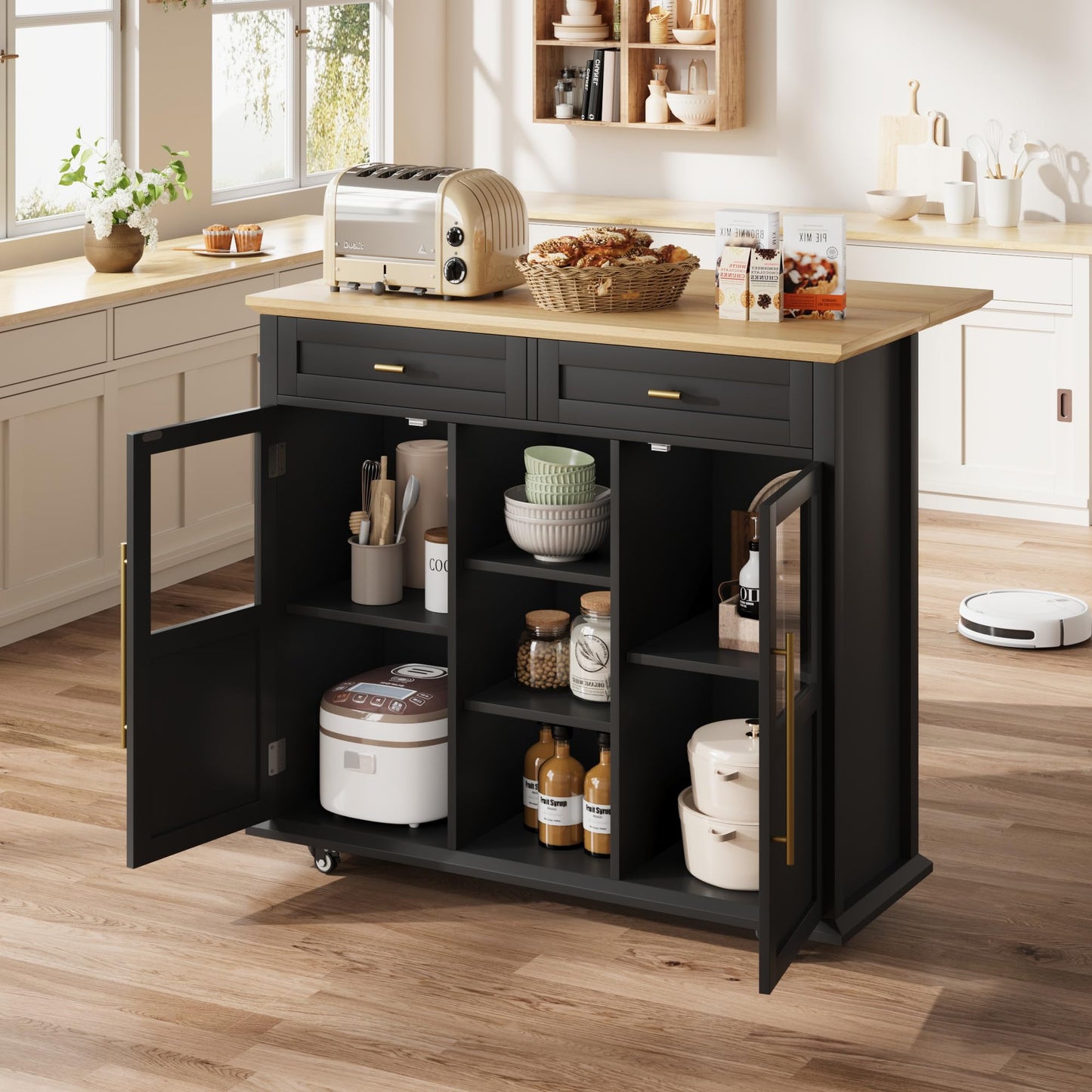 IDEALHOUSE Mobile Kitchen Island Cart with Storage & Drop Leaf - Rolling Kitchen Cabinet with Drawer, Shelf & Spice Rack for Dining Room (Black & Natural)