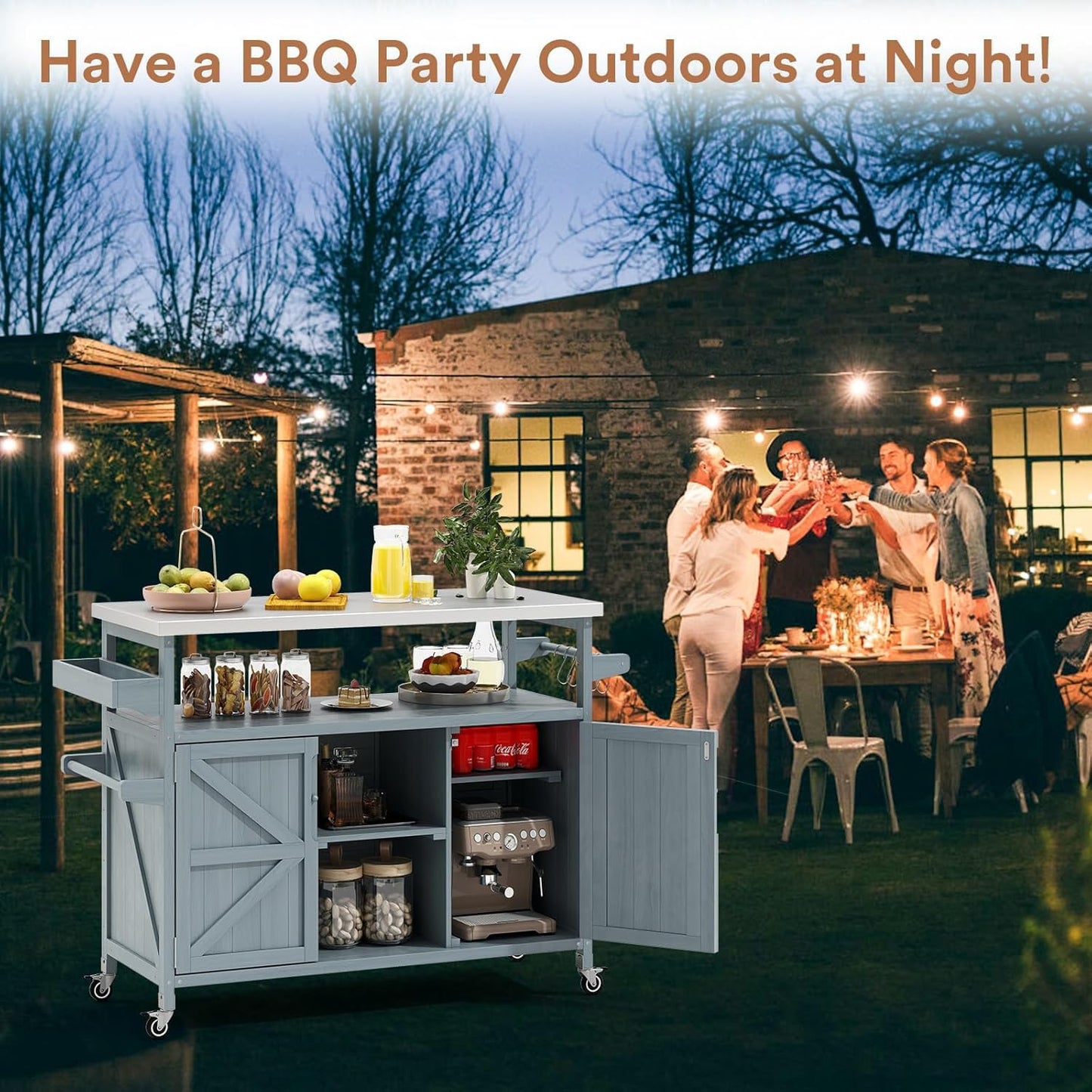 Zevemomo Outdoor Grill Cart with Storage, Stainless Steel Tabletop Outdoor Kitchen Island, Fir Wood Outdoor Buffet Cabinet with Lockable Wheels for Grilling, Gray-Blue