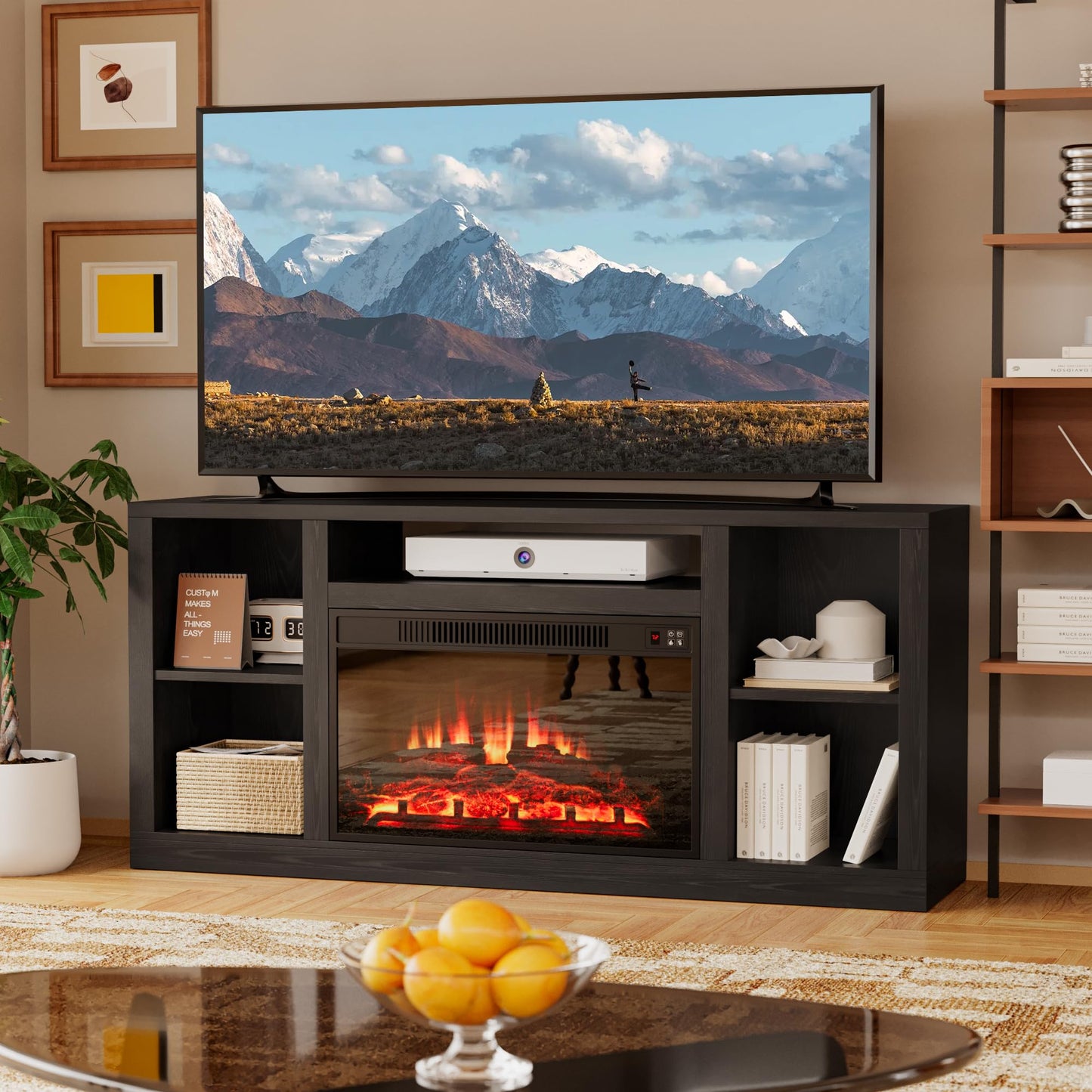 YESHOMY Electric Fireplace TV Stand for Televisions up to 65+ Inch, Media Entertainment Center Console Table with Four Open Storage Shelves & Cabinets, 58 Inch, Black