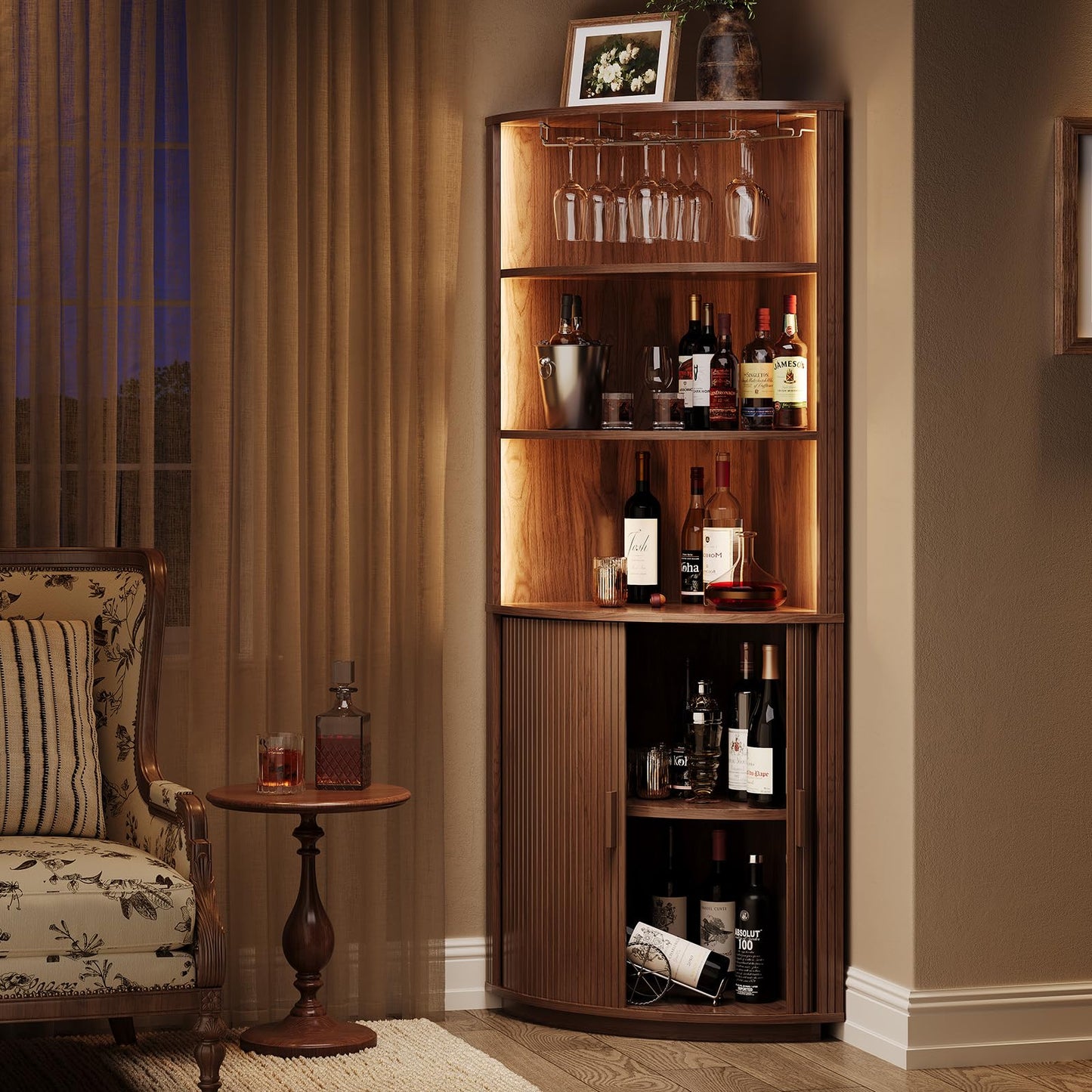 72" Tall Corner Bar Cabinet, Fluted Wine Cabinet with LED Lights, Mid-Century Modern Wine Bar with Sliding Door & Glass Holder, Coffee Bars Station for Living Room, Walnut