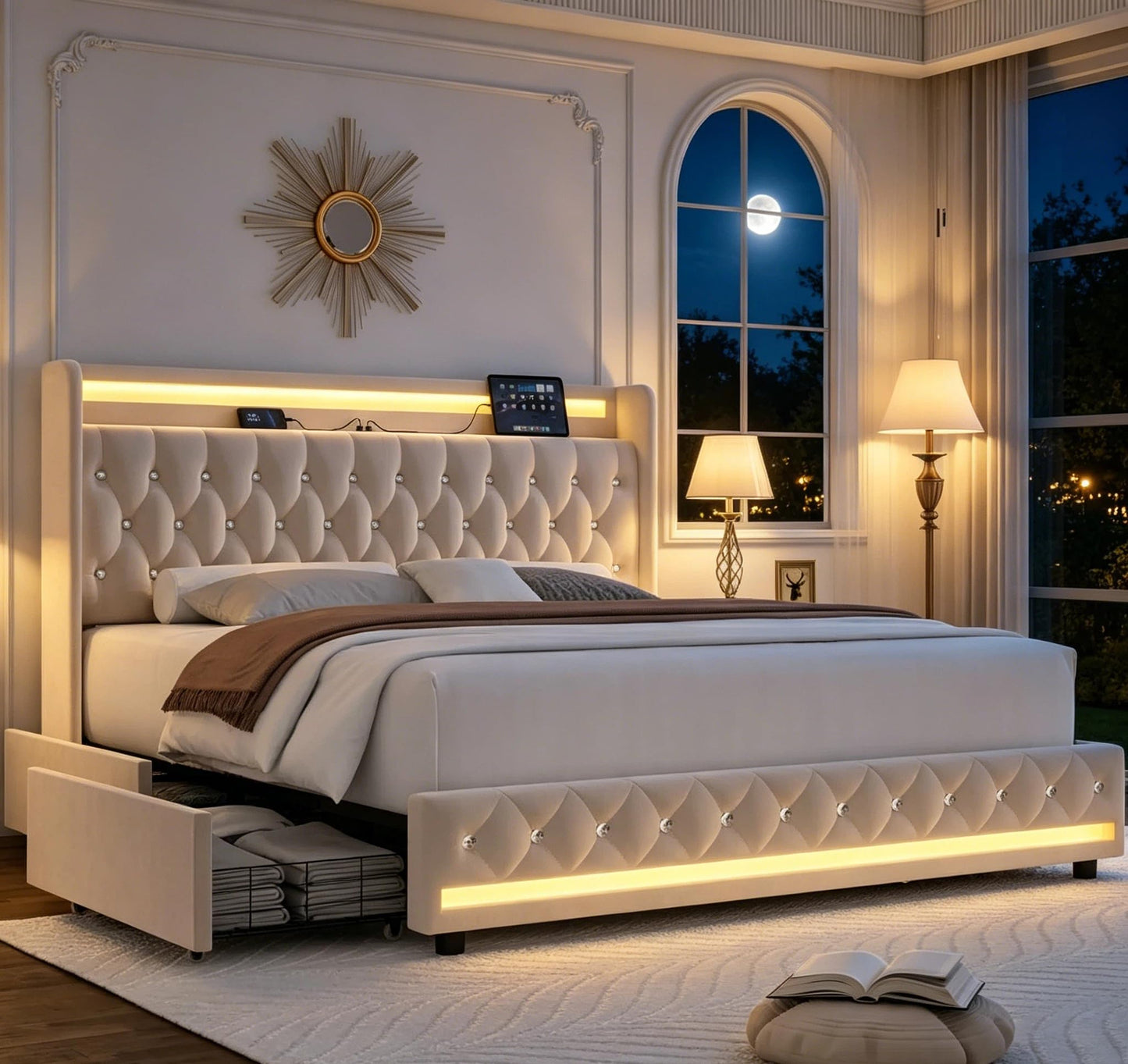 HIFIT Queen LED Bed Frame with Charging Station and 2 Storage Drawers, Velvet Upholstered Platform Bed with Handcrafted Crystal Button Wingback Headboard, Metal Frame with No Box Spring Needed, Beige