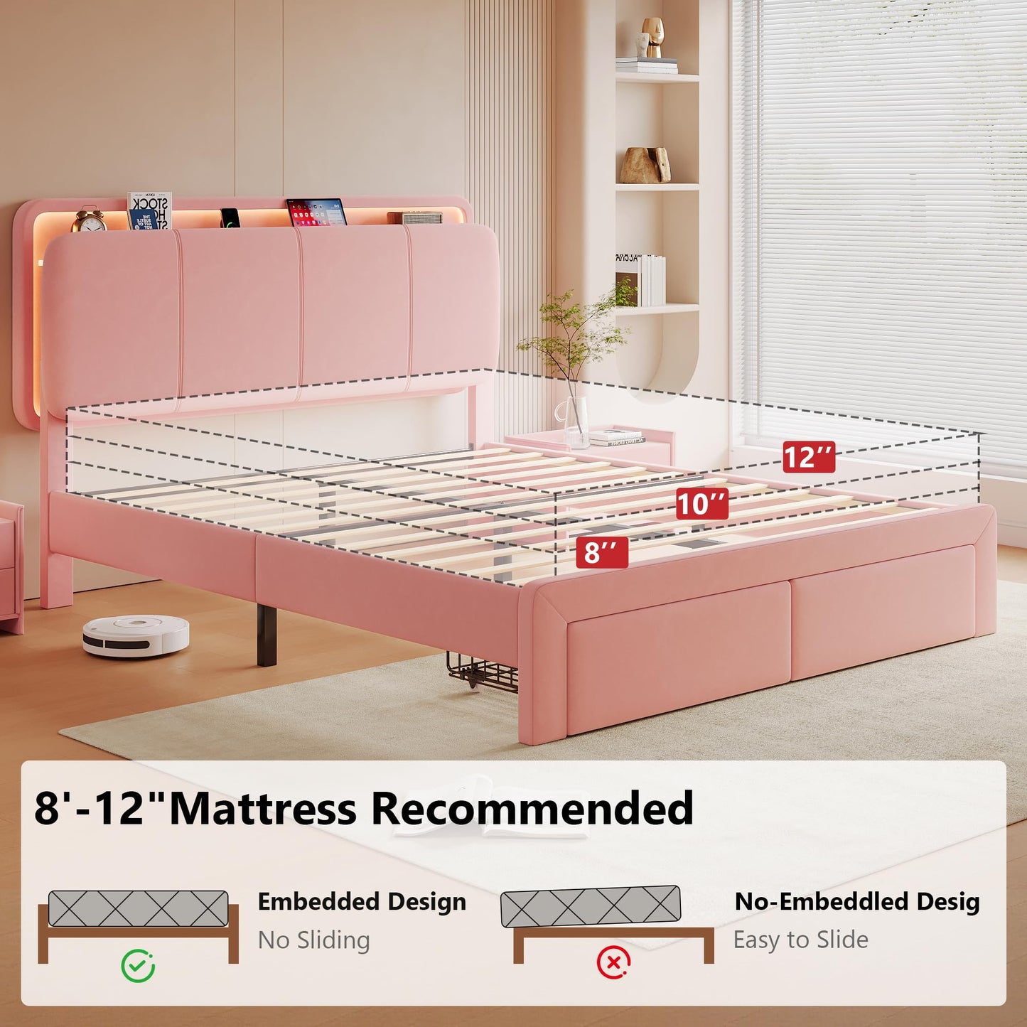 Feonase Full Upholstered Bed Frame with Headboard and 2 Storage Drawers, Built-in Charging Station, Velvet Platform LED Bed with Solid Wood Slat Support, No Box Spring Needed, Pink