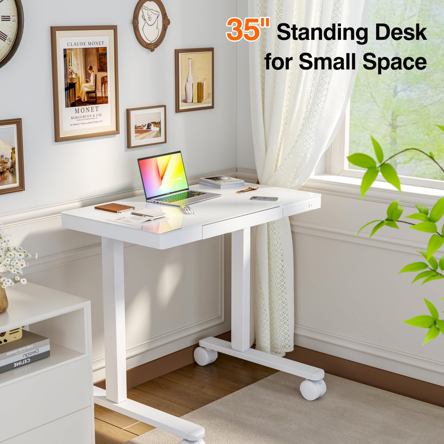 Monomi 35" Glass Standing Desk with Drawer and USB Ports, Electric Height Adjustable Desk for Home Office, White Sit Stand Table with Storage, Easy Assembly Computer Desk for Small Spaces