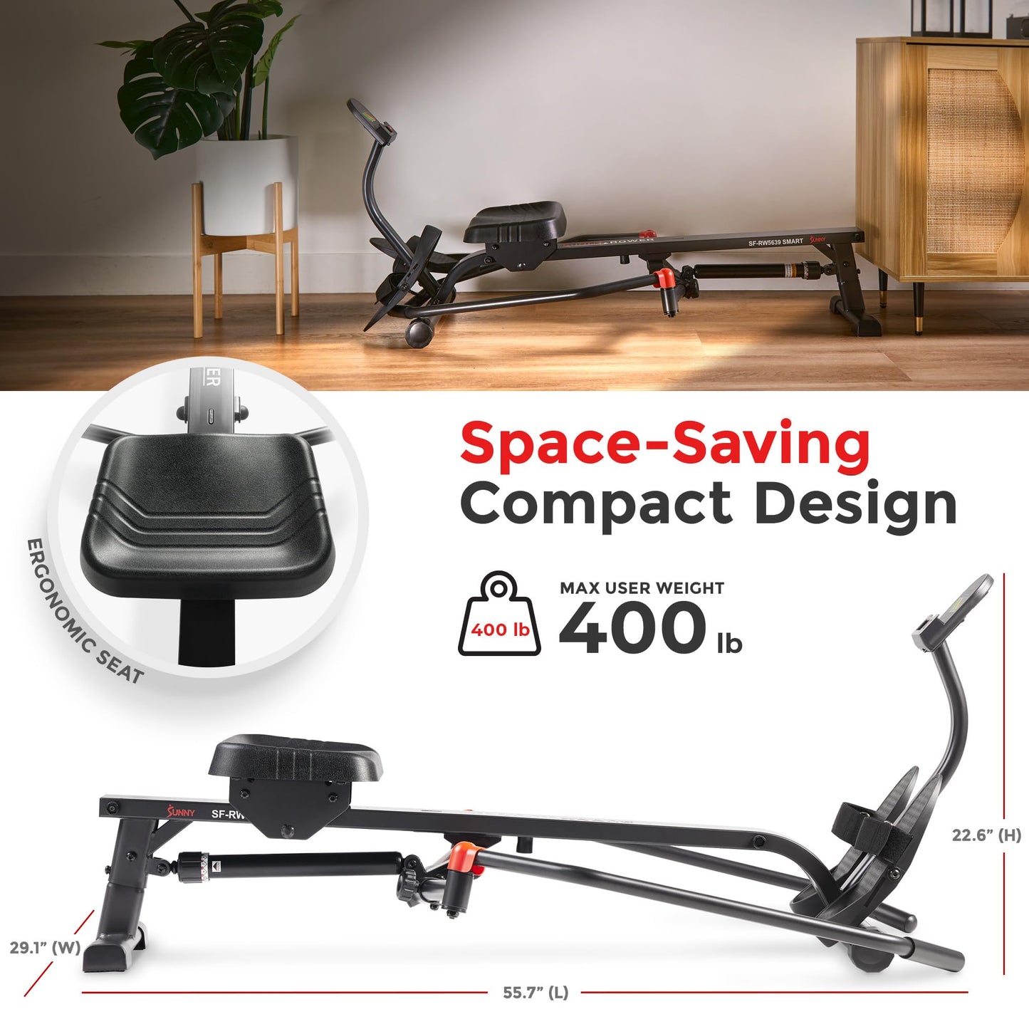 Sunny Health & Fitness Smart Compact Full Motion Rowing Machine, Full-Body Workout, Extra-Long Rail, 400 LB Weight Capacity and Free SunnyFit® App Enhanced Bluetooth Connectivity SF-RW5639SMART