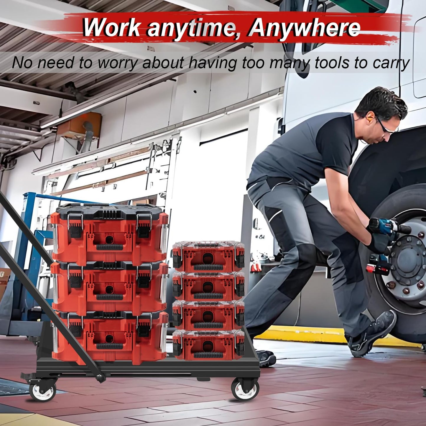 Medium Heavy Duty Toolbox Dolly with Handle, Compatible with Mil.Waukee Packout Toolbox, Double Storage, Thickened Carbon Steel Frame, Larger Wheels with Brake, No Drilling Required, Up to 400lbs