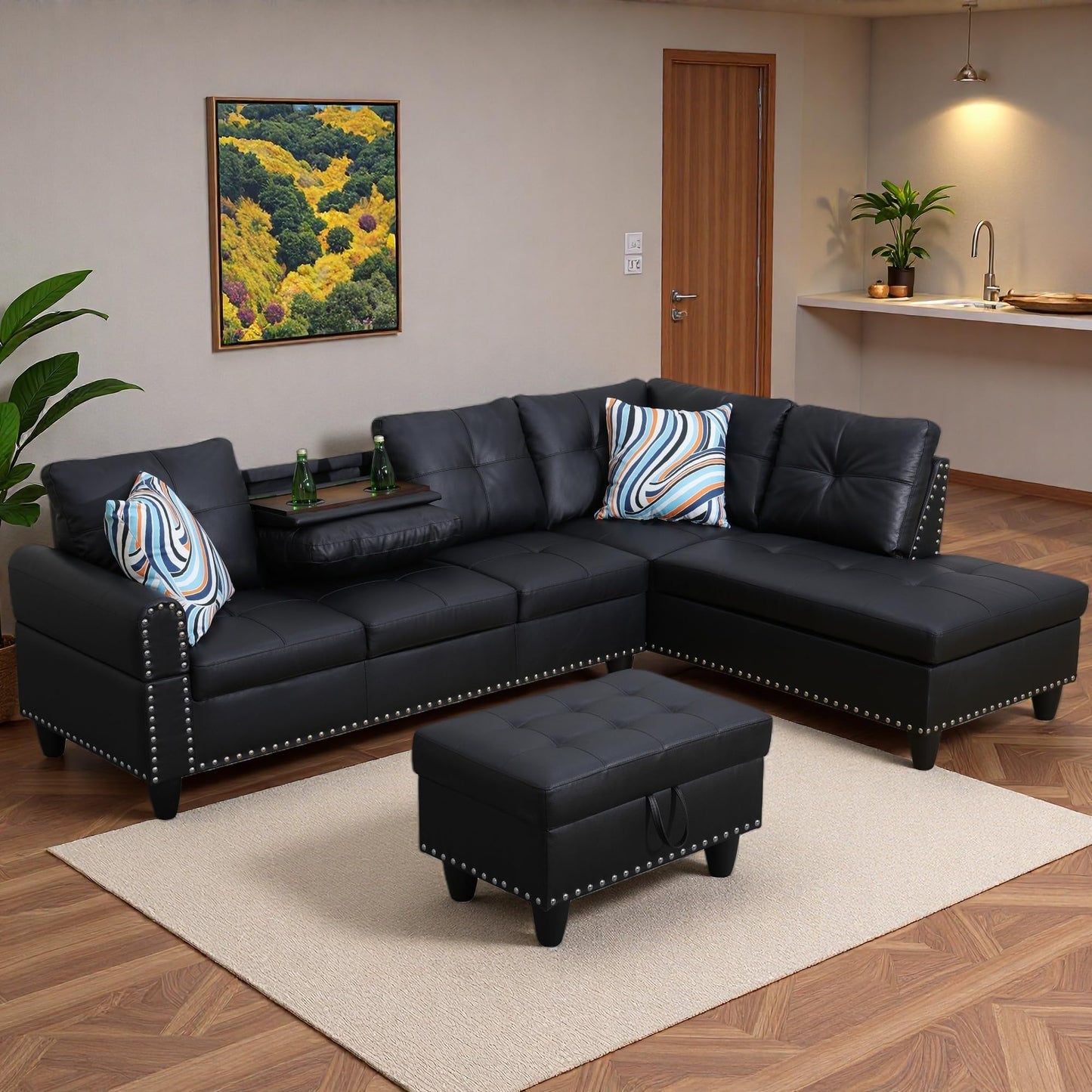 Topcomfy Sectional Couches for Living Room with Movable Chaise & Storage Ottoman - 97.5" Leather L Shaped Couches for Living Room Apartment, Home Modular Sectional Sofas with Cup Holder, Black