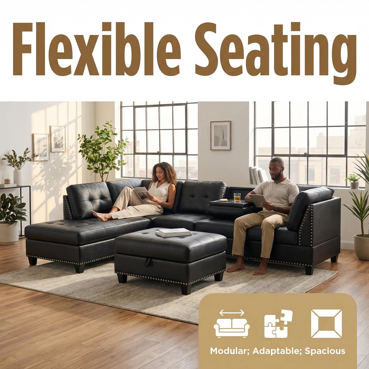 Trygoal L-Shaped Sectional Sofa with Movable Chaise & Storage Ottoman - 3-Piece Leather Modular Convertible Couch for Living Room, Apartment & Home Office, Gloss Black