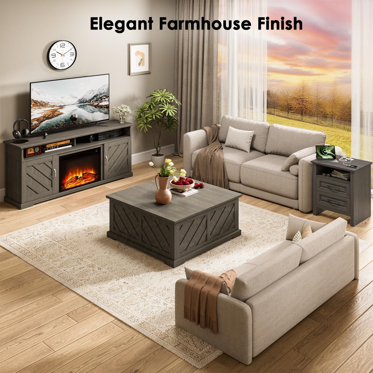 Marsail Fireplace TV Stand for 70 inch TV, Farmhouse Entertainment Center with Storage, Wood TV Console with Fireplace, TV Cabinets for Living Room and Bedroom, Grey
