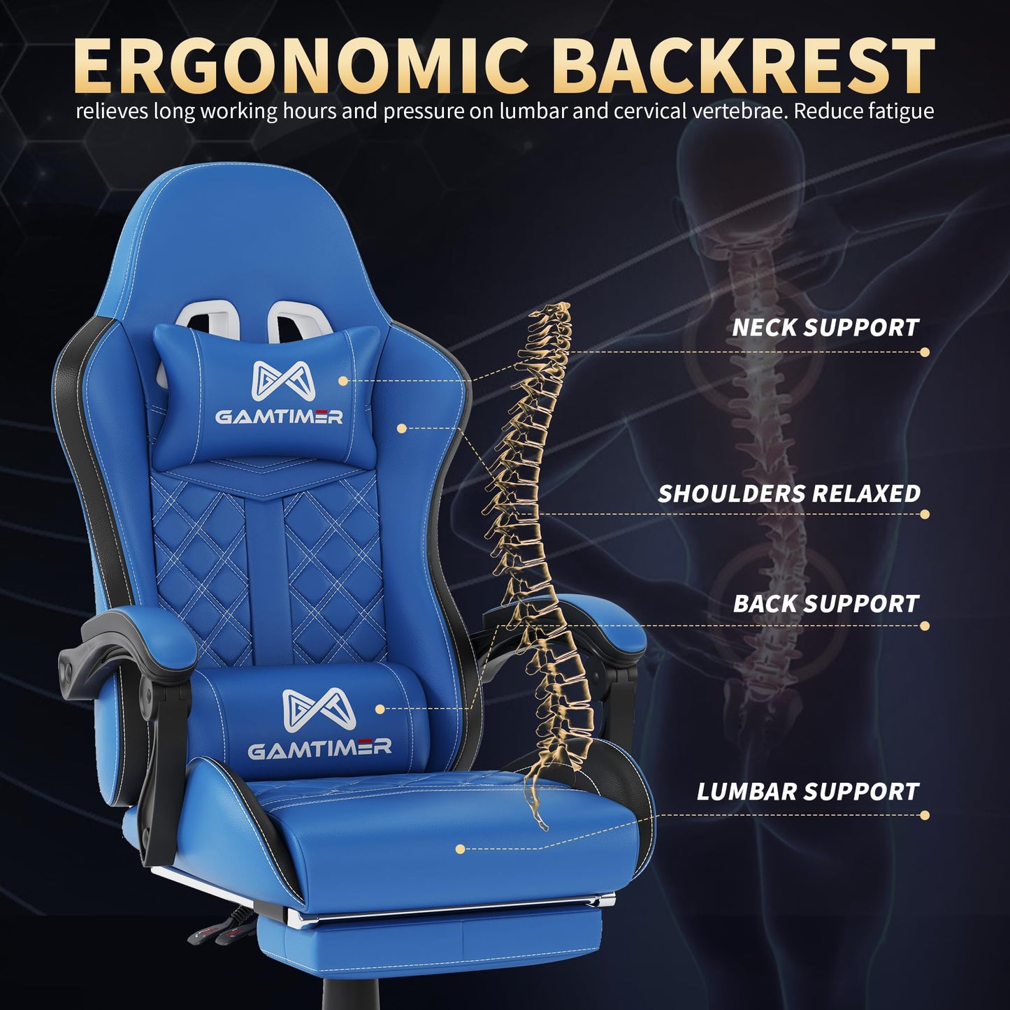 Gamtimer Gaming Chair, 400 lbs Adult Chair, High Back Computer Chair with Footrest and Linked Armrests, Office Video Game Chair with Lumbar Support (Blue)