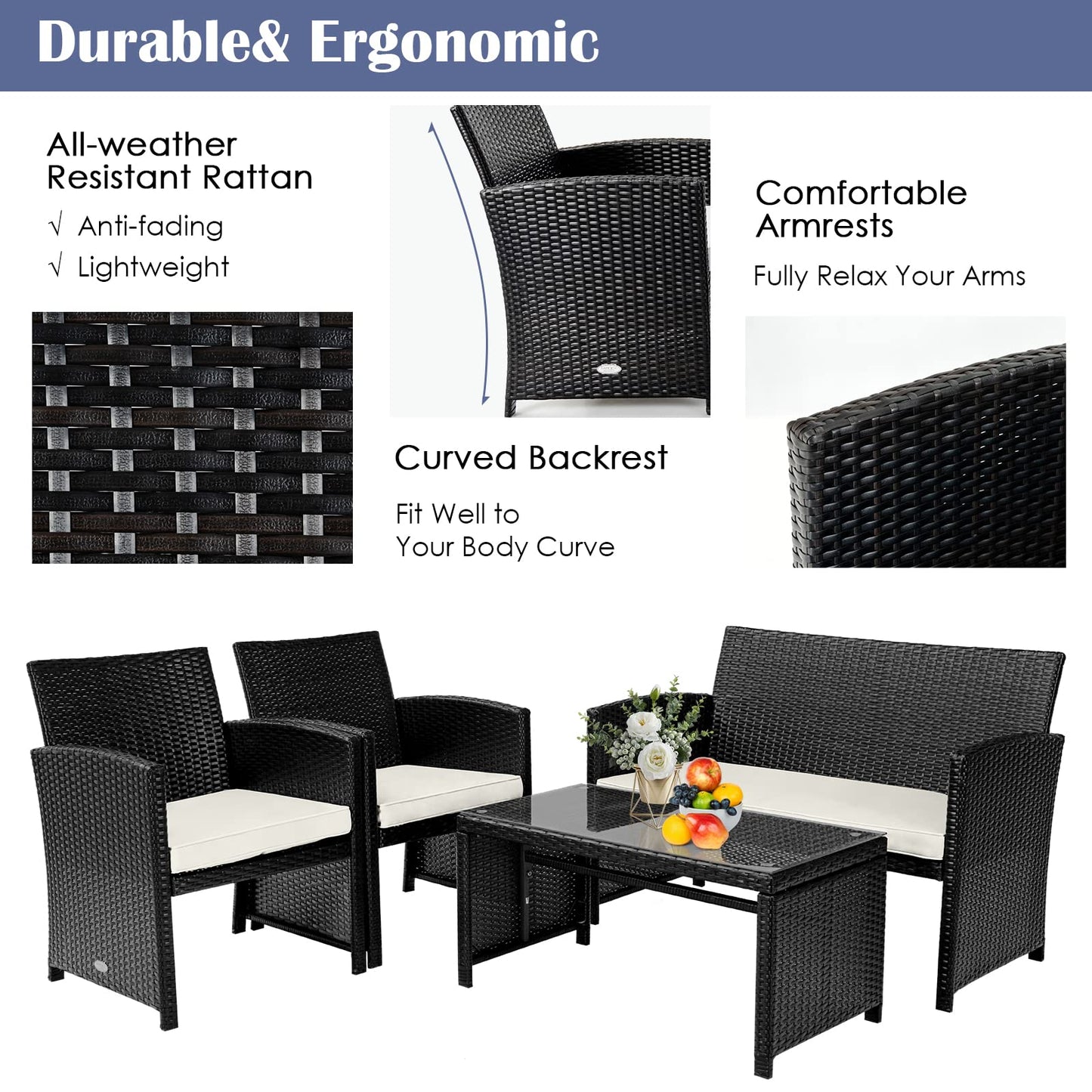 COSTWAY 4 Piece Patio Furniture Set, Outdoor PE Rattan Wicker Sectional Sofa with Cushion and Coffee Table, Patio Conversation Sets for Balcony Lawn Porch Patio Backyard Garden Poolside, White