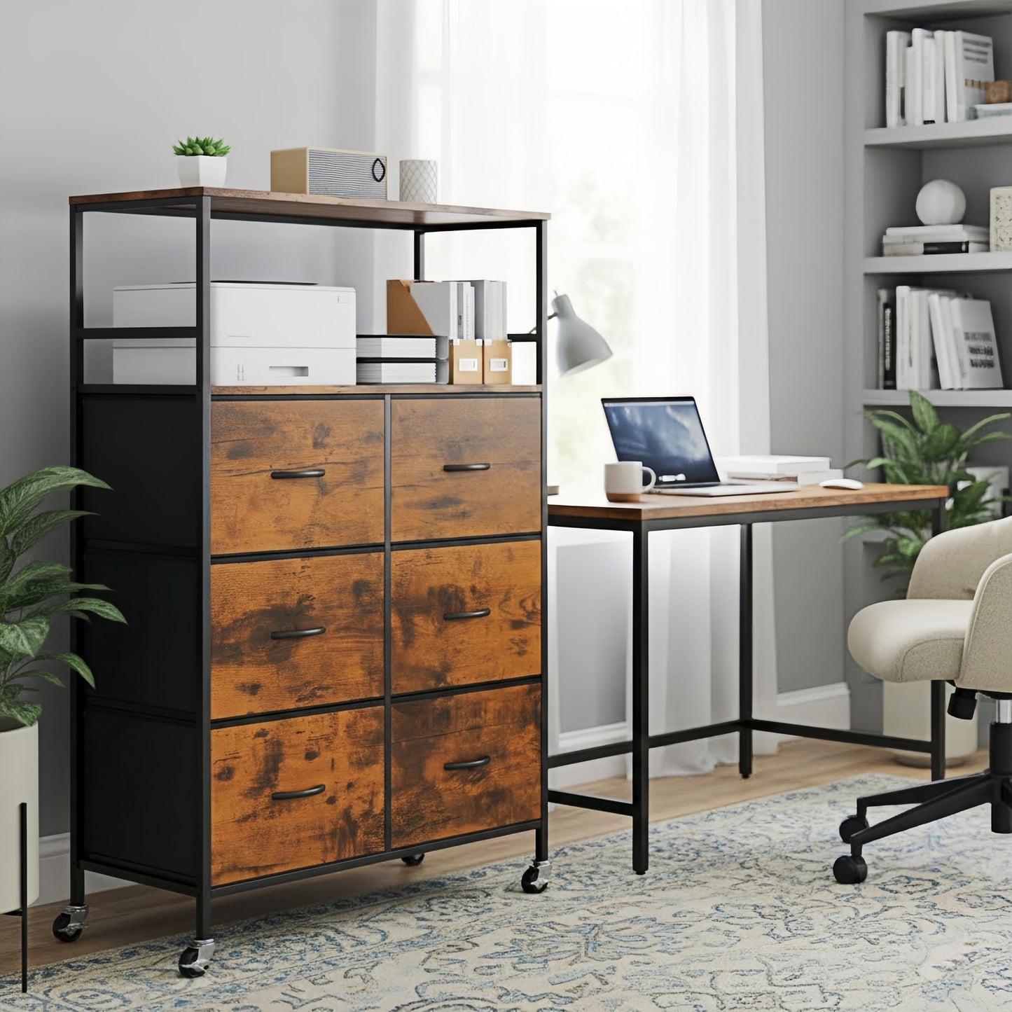DreamDashio 6 Drawer Fabric File Cabinet with Printer Stand & Dual Shelves, 2-Tier Printer Storage with Letter/A4/Legal File Drawers, Adjustable Hanging Rails, Lockable Casters/Leveling Feet