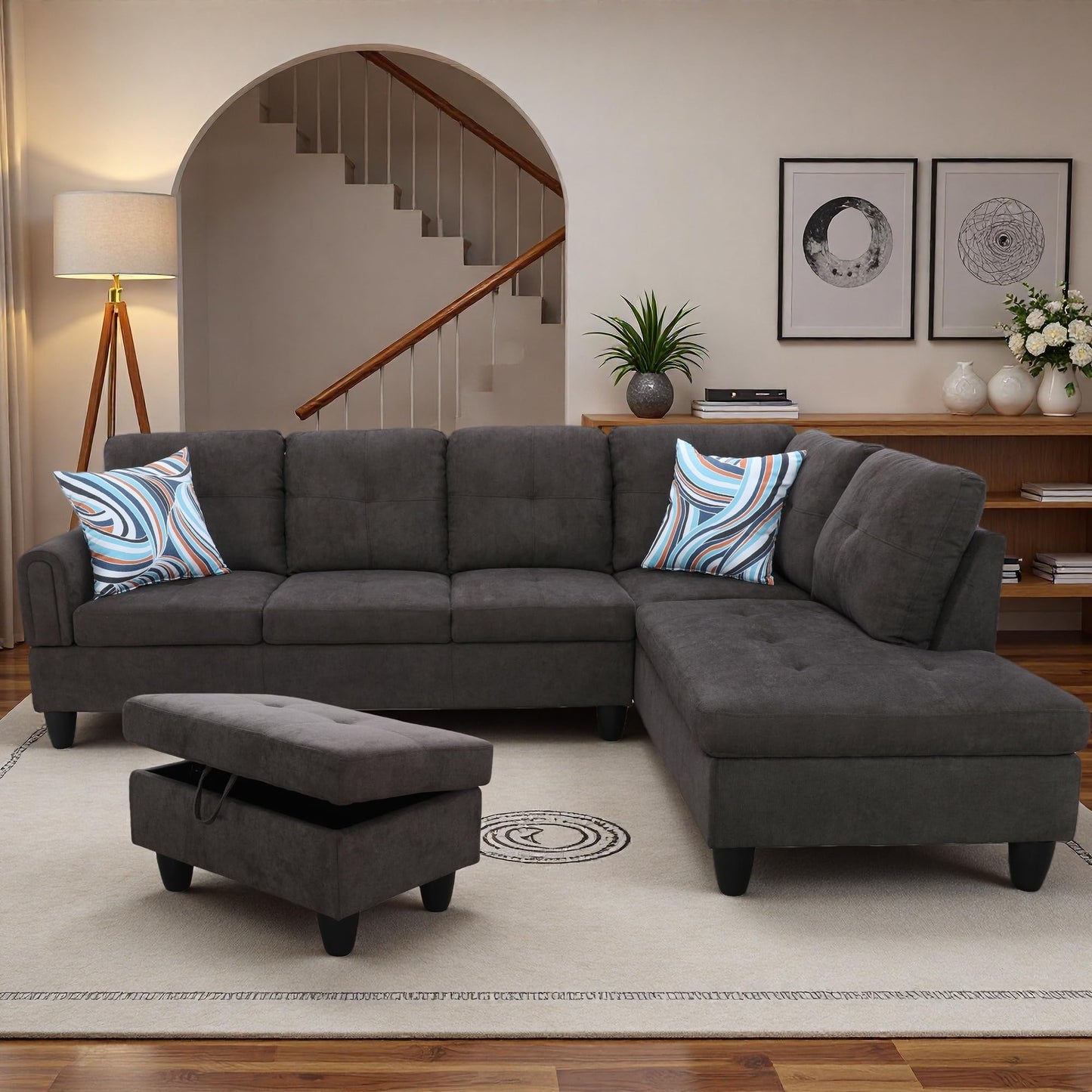 Topcomfy 97.5" L Shaped Couch Set, Modular Sectional Couches for Living Room with Storage Ottoman, 4 Seat Home Sofa Living Room Furniture Sets with Chaise for Apartment Office (Linen, Dark Brown)