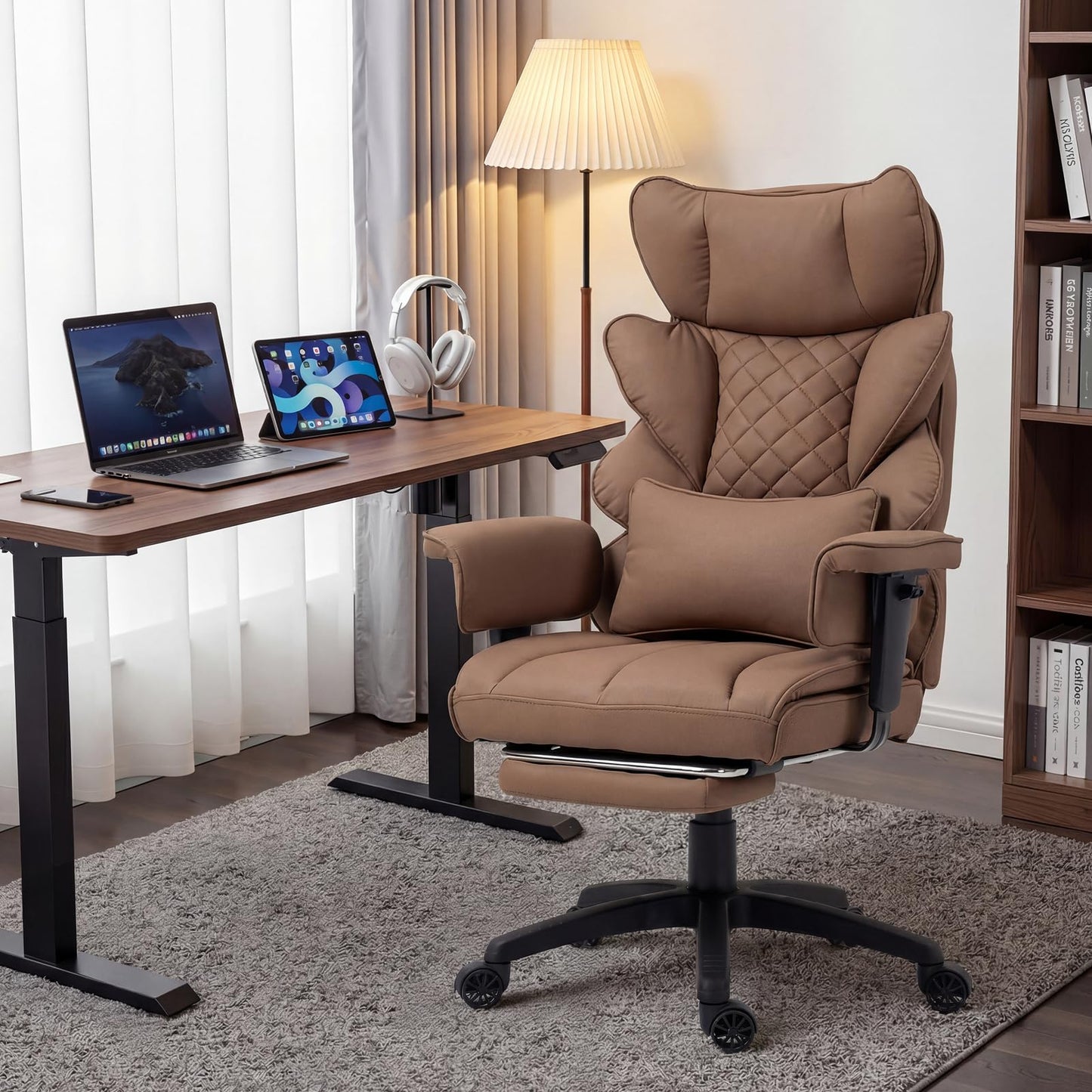 Dowinx Big and Tall Office Chair with Pocket Spring Cushion,High Back Computer Gaming Chairs with Adjustable Armrests,Executive Desk Chairs with Lumbar Support and Footrest,PU Leather-Brown