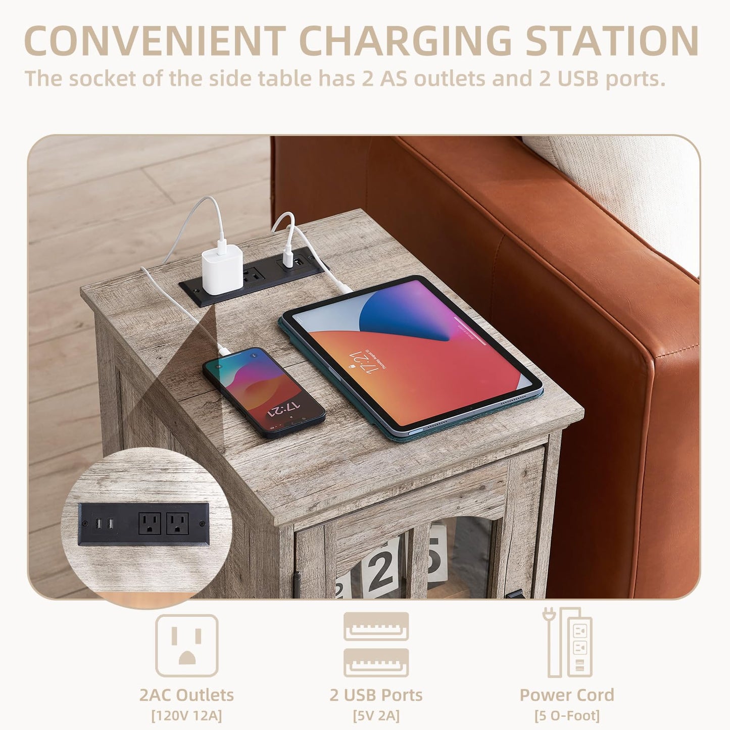 RWYHG Farmhouse End Table Set of 2 with Charging Station, 18'' Narrow Side Table and 24" Large Sofa Table with Glass Barn Door Storage, Wood Night Stand Bedside Cabinet for Living Room,Bedroom
