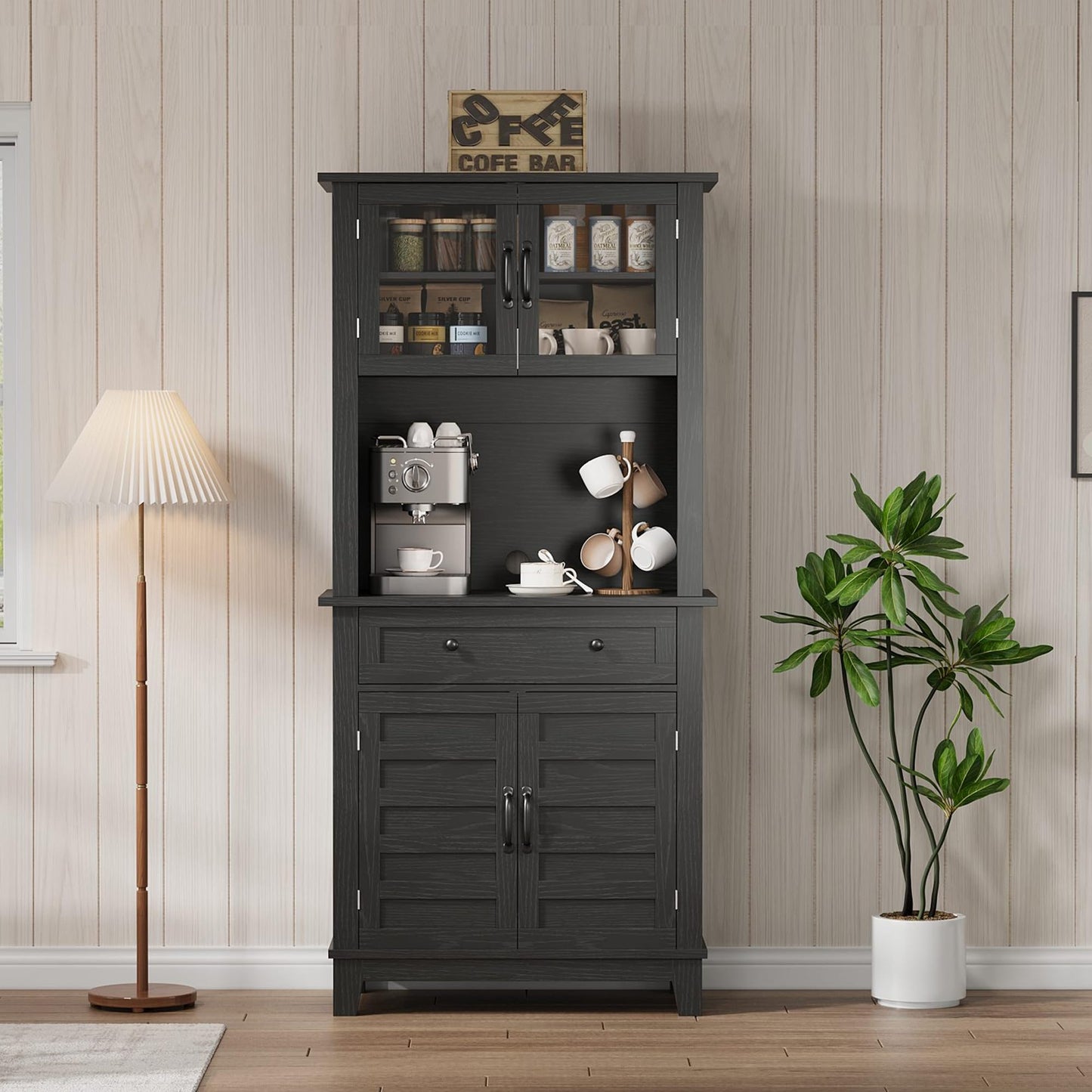 GarveeHome 72 in Tall Kitchen Pantry Cabinet, Kitchen Hutch Bar Cabinet with Microwave Stand, Cupboard with Drawers Glass Doors for Dining Room, Living Room, Dark Black