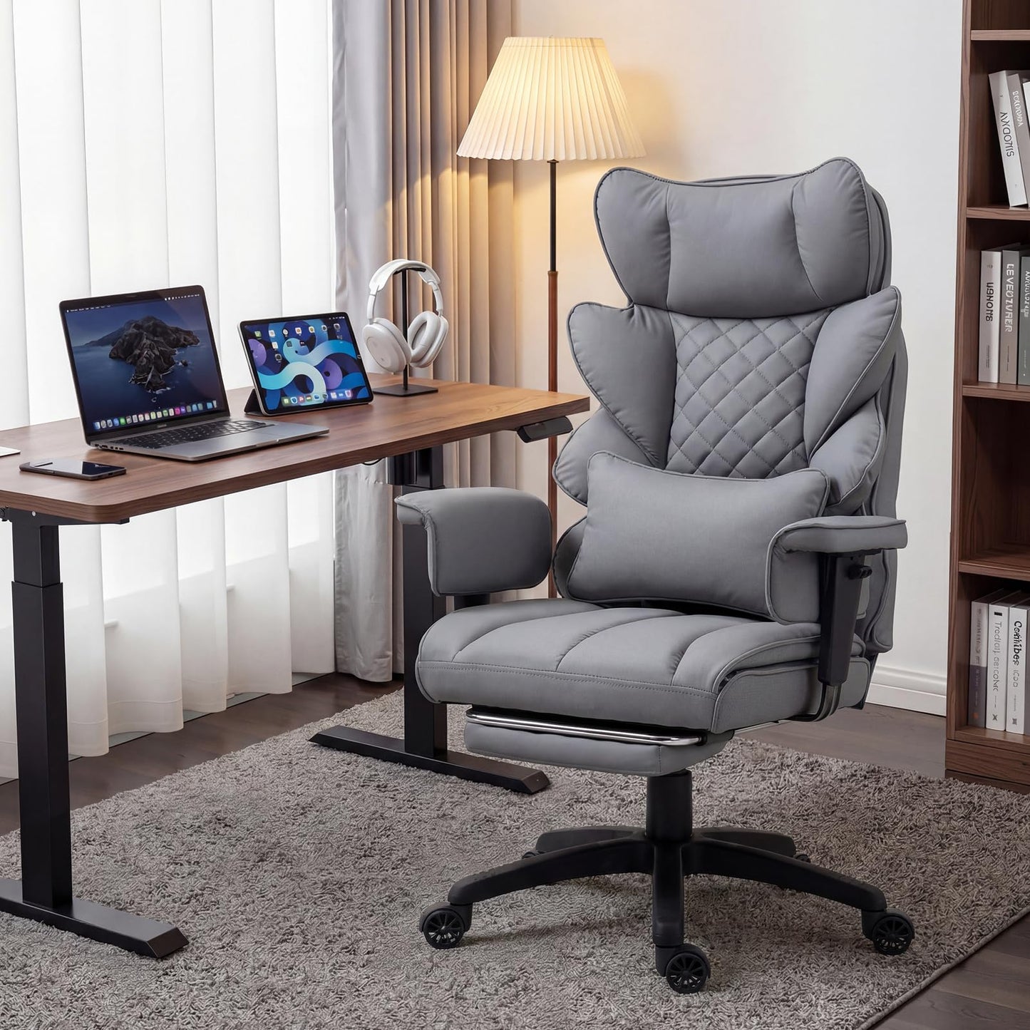 Dowinx Big and Tall Office Chair with Pocket Spring Cushion,High Back Computer Gaming Chairs with Adjustable Armrests and Lumbar Support,Executive Desk Chairs with Footrest(PU Leather,Grey)