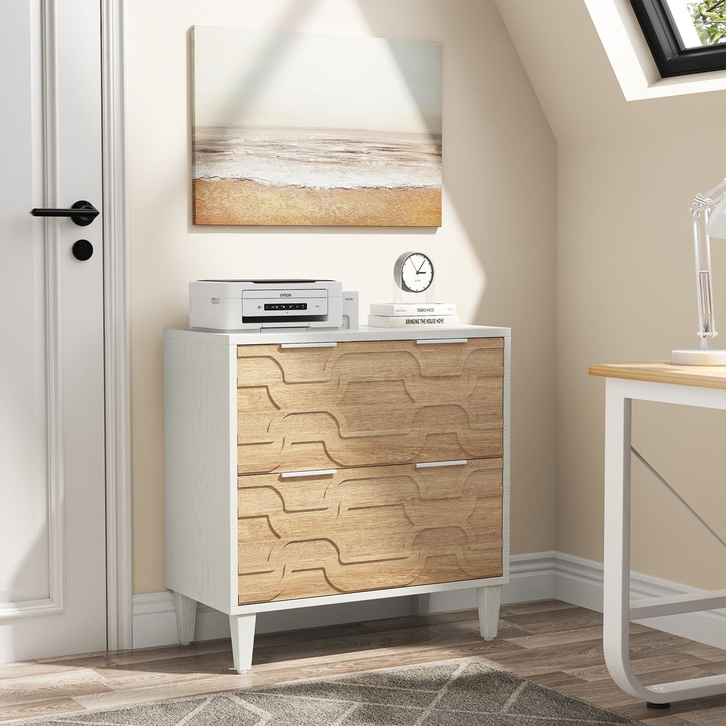 LITTLE TREE 2-Drawer File Cabinet, Lateral Filing Cabinet for A4/Letter/Legal Size, Office Storage Cabinet, Printer Stand with Storage Drawer for Home Office, Wood & White
