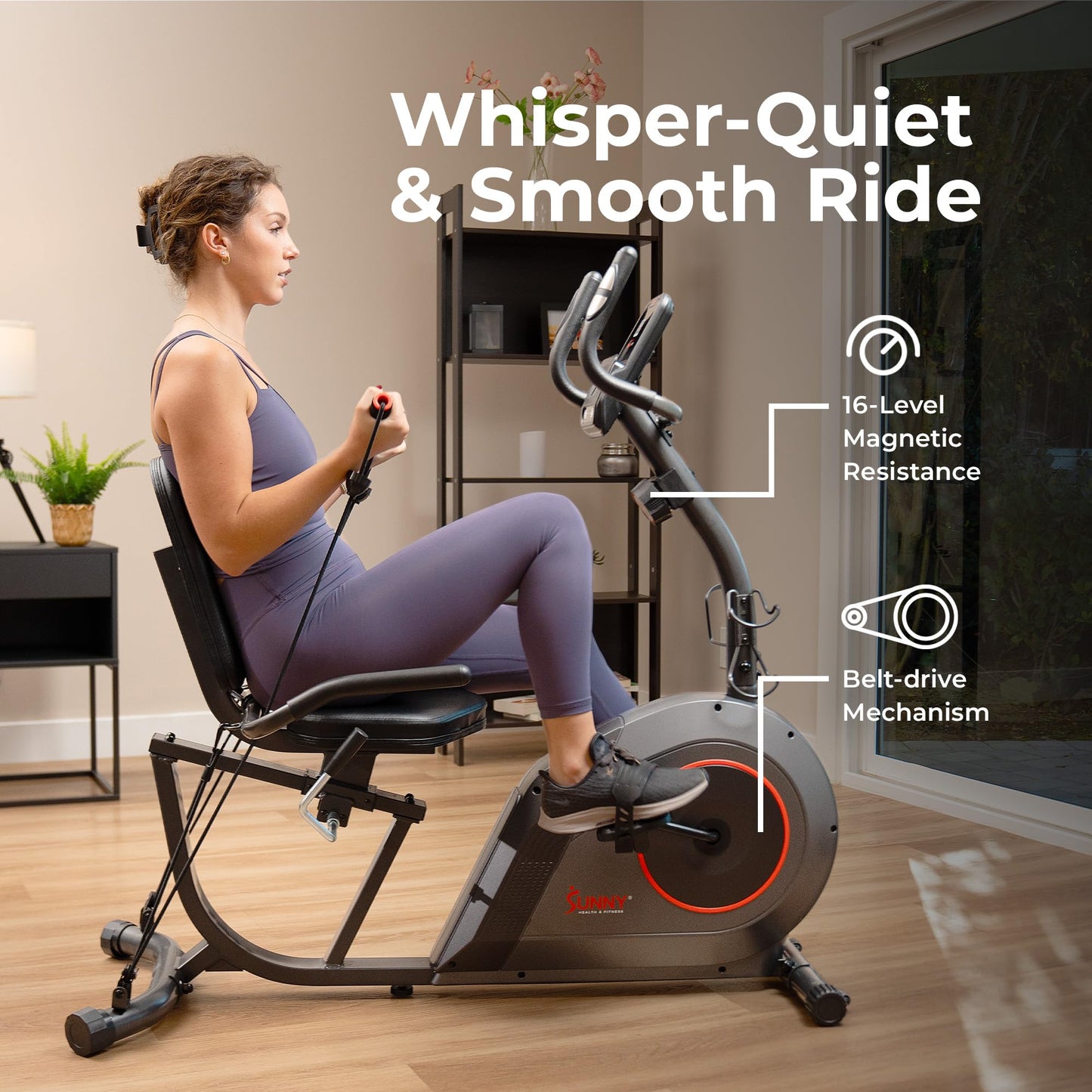 Sunny Health & Fitness Smart Recumbent Bike w/Workout Bands, 300LB Capacity Compact Equipment for Indoor Full-Body Exercise, Adjustable Cushion Seat for Seniors Home Cardio Training, Free SunnyFit App