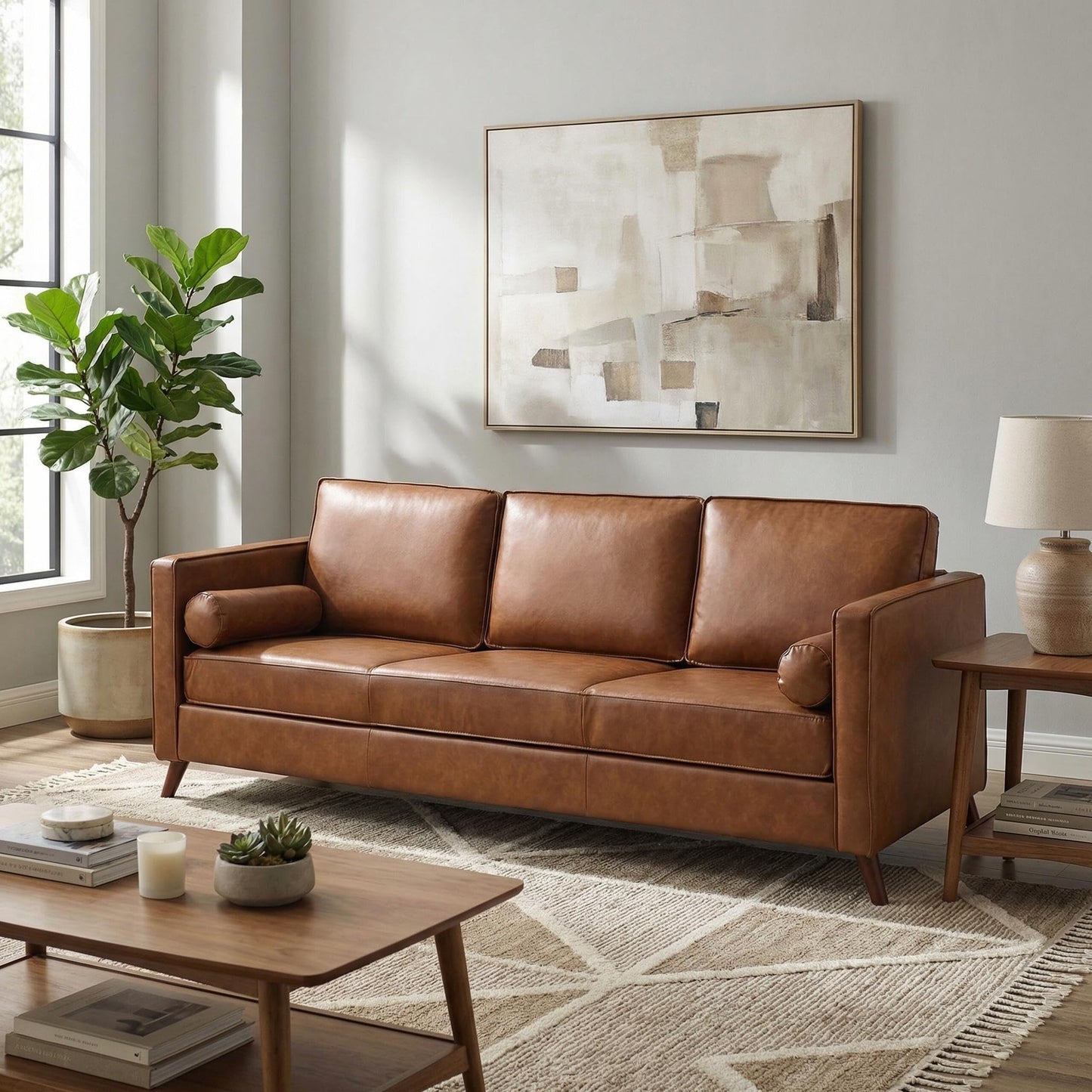 GarveeLife 81" Mid Century Modern PU Leather Sofa, 3 Seater Couch with Deep Seat & Cushions, Faux Leather Living Room Sofa for Apartment, Bedroom, Office, Brown