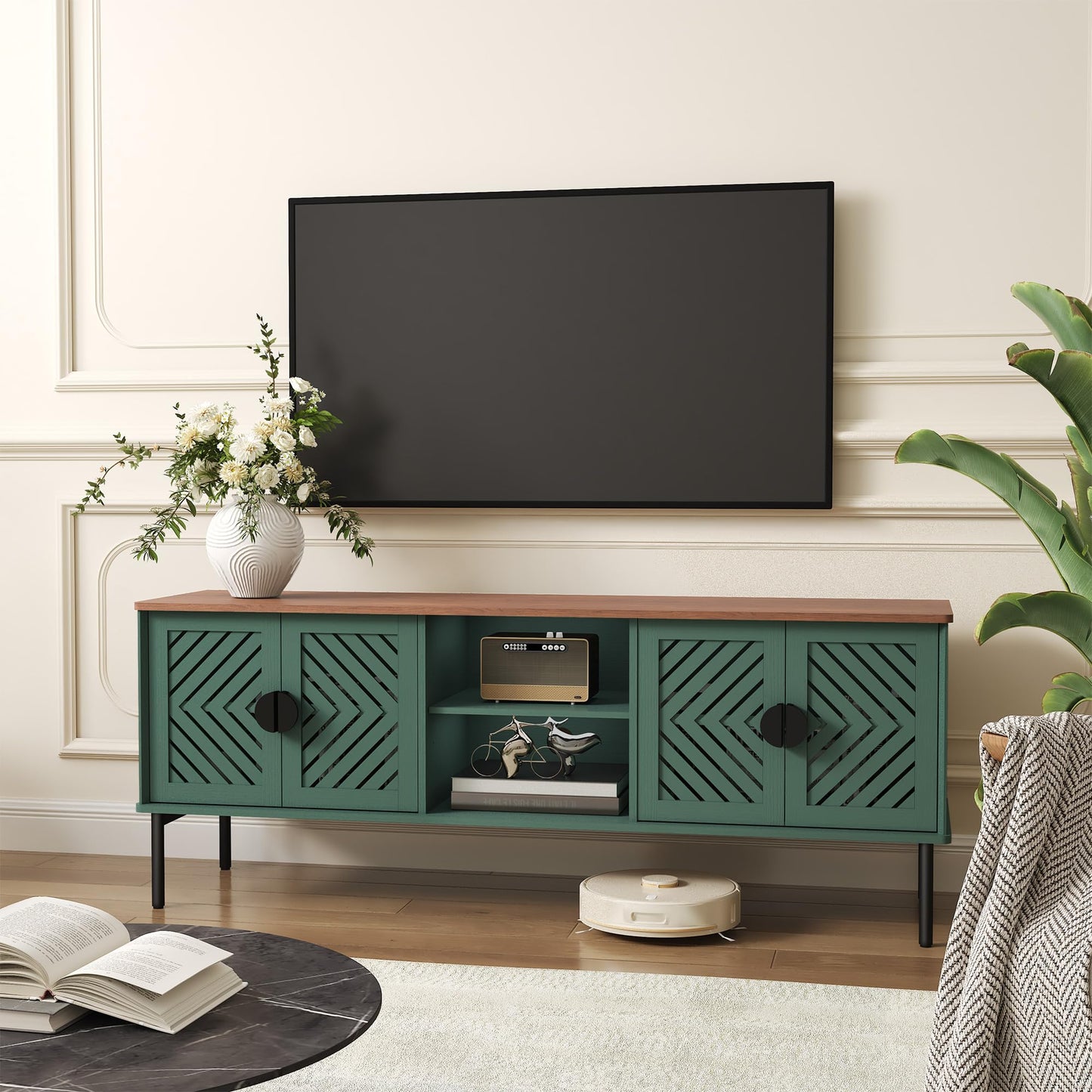 ARTPOWER 63" Modern TV Stands for Living Room, Long Entertainment Center with Storage, TV Console for 55 60 65 70 Inch TV, Bedroom TV Cabinet with Doors, Wood Media Console, Television Stand, Green